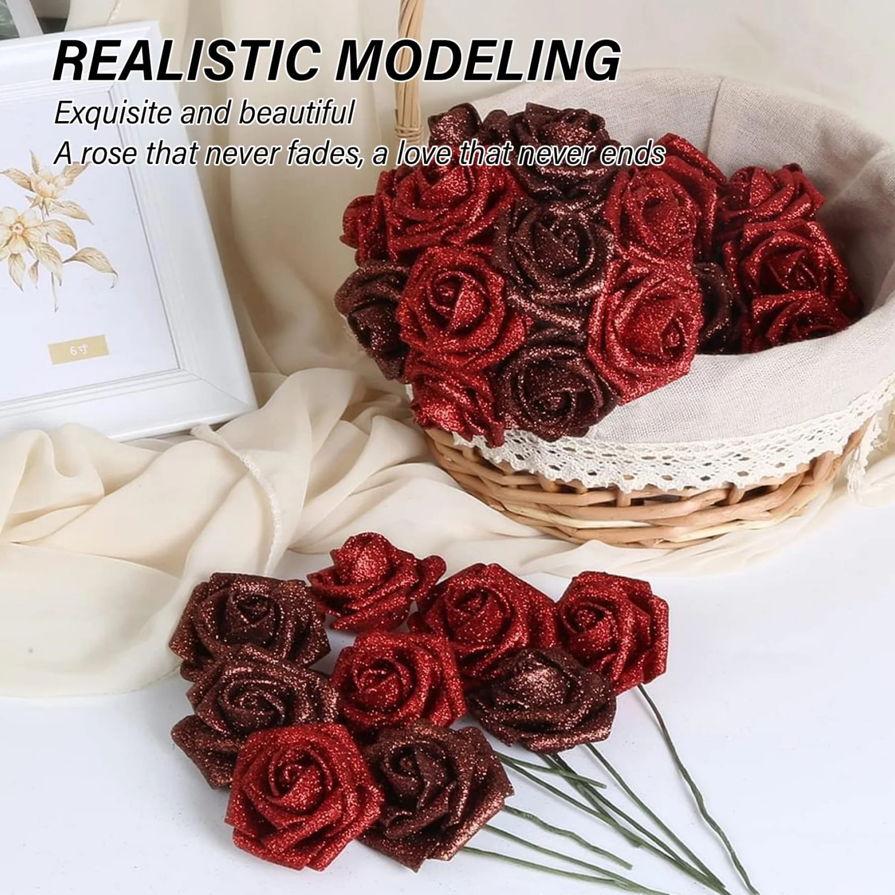 Bouquet de roses scintillantes 9,5 pouces fausses roses bricolage avec tige, rubans d'emballage et papier d'emballage