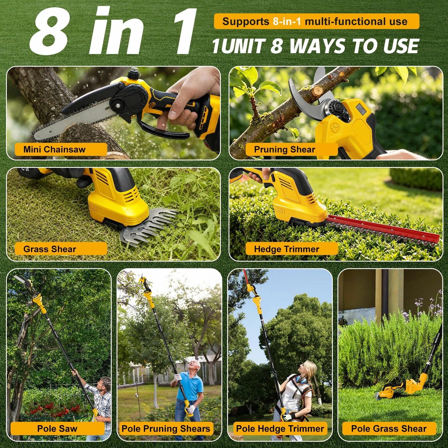 Mini Tronconneuse avec Perche 8 Pouces & Secateur Electrique Telescopique 28 mm & Taille-haie 310mm pour Dewalt 18 V, 20 V batterie, 6 en 1 Élagueuse sur Perche, Portée Maximale 4,5 m 130 220 Com
