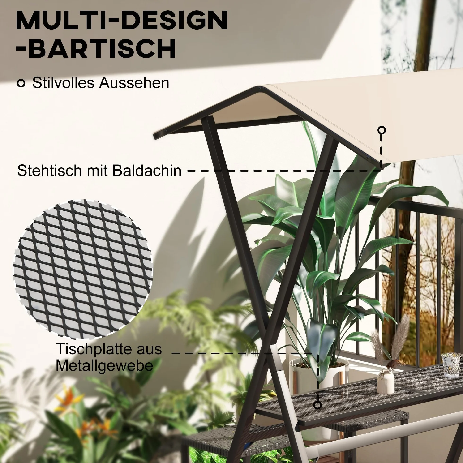 Outsunny Ensemble de bar de jardin en rotin 4 tabourets table haute avec toit acier noir