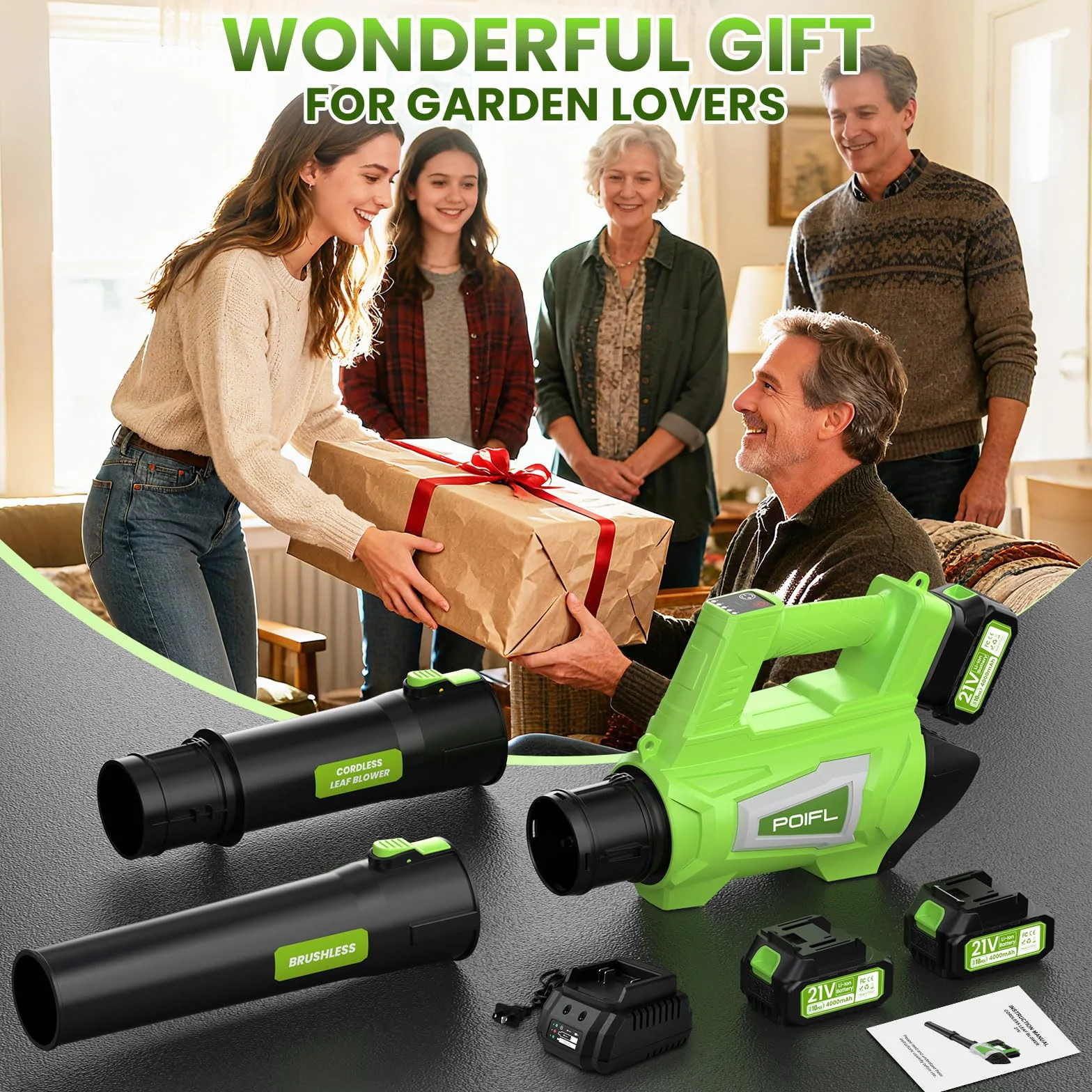 Souffleur de Feuilles sans Fil, 1200W Souffleur Batterie avec 6 Vitesses, 780 m³/h, Vitesse d’air Jusqu’à 245 km/h, Souffleur Feuille avec 2x4000 mAh Batterie & Un Sangle pour Jardin Cour Pelouse