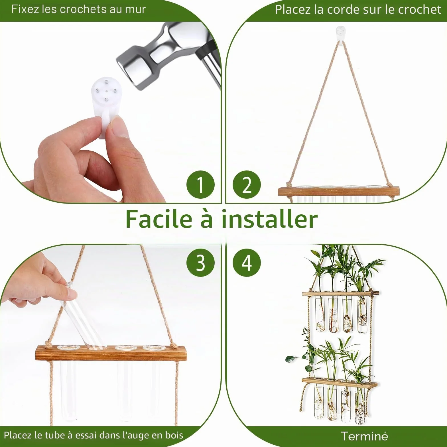 Vase Mural en Verre 2 Étage, 8PCS Vase Tube à Essai, Pot de Fleur avec Support en Bois, 42x20cm