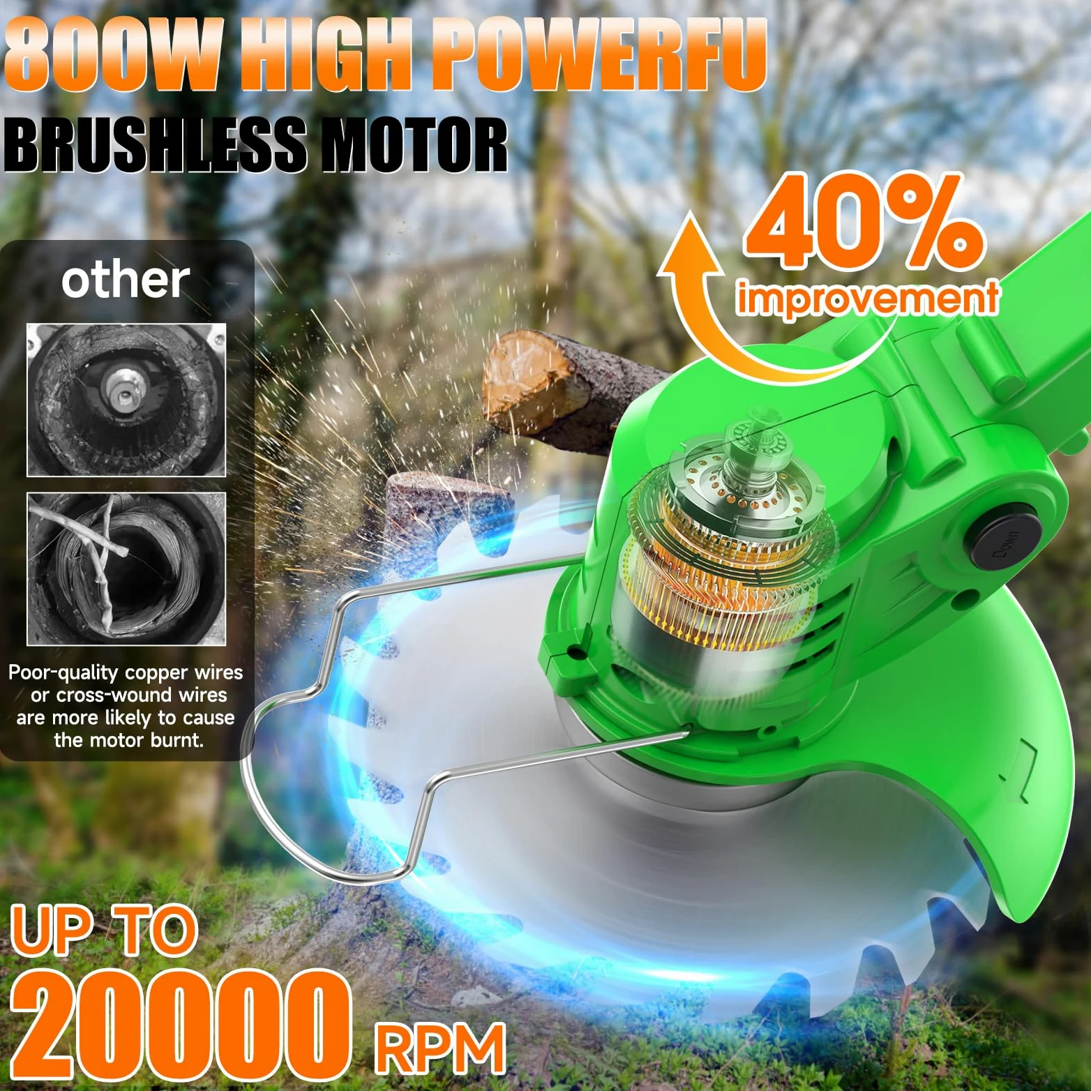 Désherbeur électrique sans fil, avec 2 piles, 1 chargeur, 3 types de lames, alimentation par batterie légère pour cour et jardin (vert)