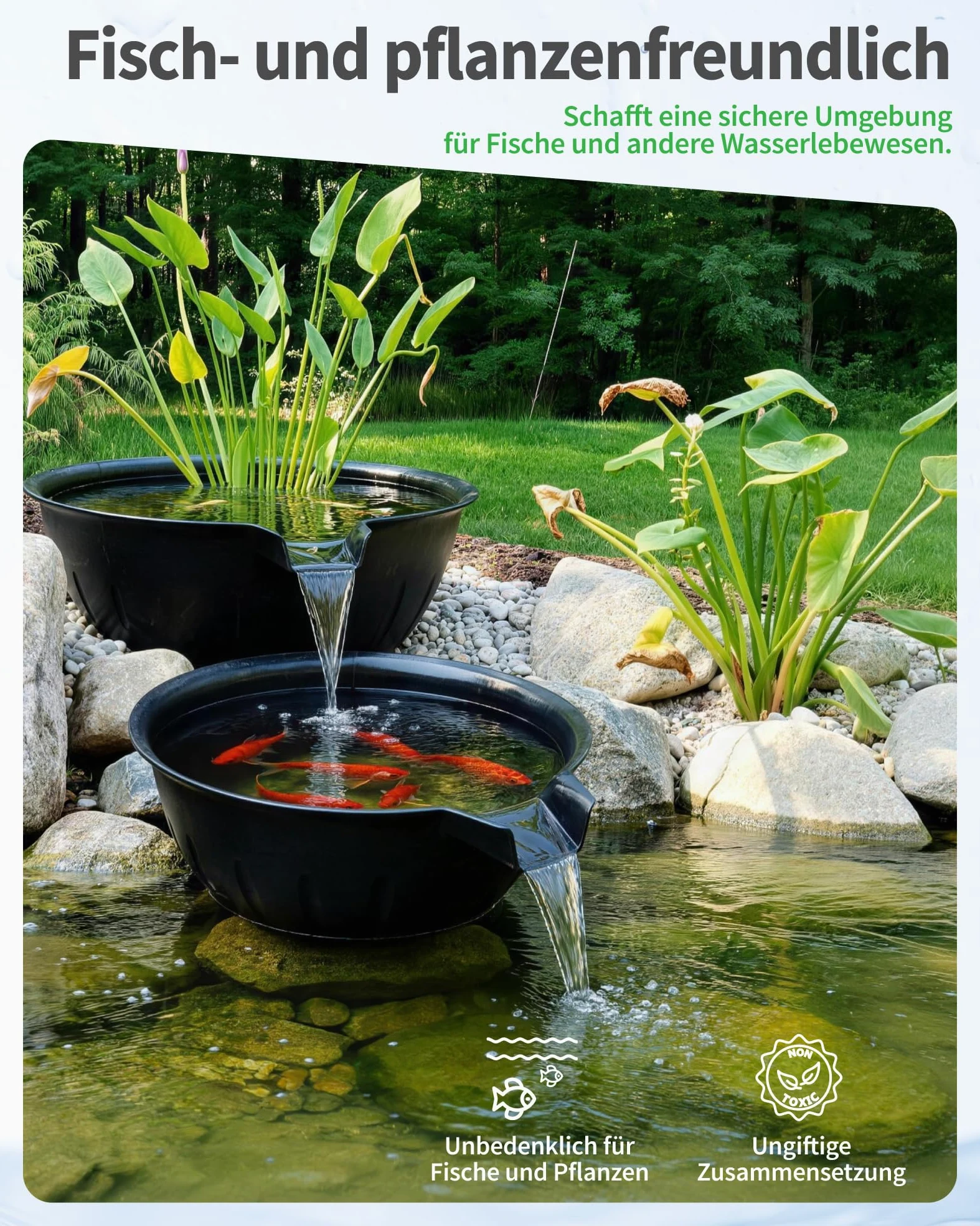 POPOSOAP Kit de Bassin et Cuvée de Déversoir, Fontaine avec Pompe de Bassin 2500 L/h pour Cascades, Plan d'eau DIY Intérieur/Extérieur Jardin