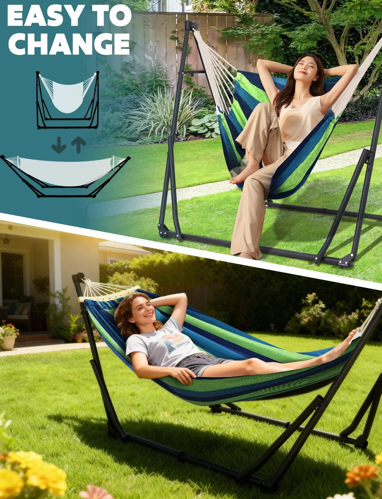 ANYOO Hamac avec Support Pliable Portable Double Usage Intérieur Extérieur