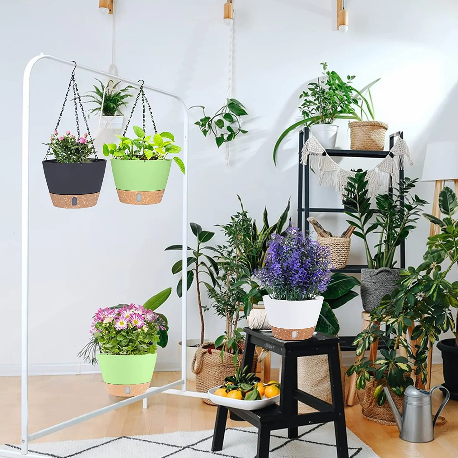 LATERN 3 Pièces Pot de Fleurs Suspendu en Plastique 25cm Arrosage Automatique avec Plateau de Niveau d'Eau Visible