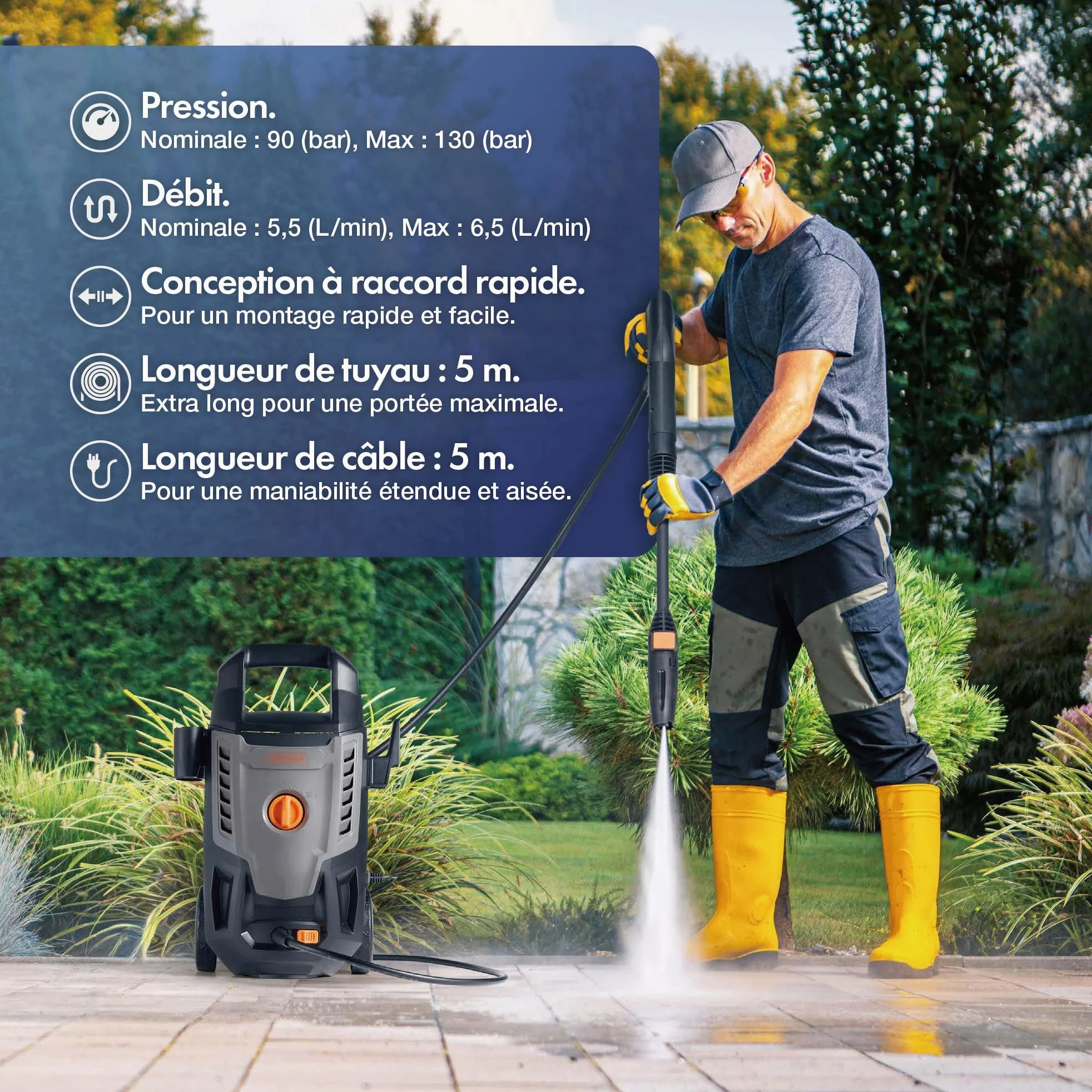 VonHaus Nettoyeur Haute Pression 1600 W, Ensemble de 7 Accessoires Inclus | Pression max. 130 bars, Débit 390 l/h, 5m Tuyau, Portable pour Terrasse, Jardin, Voiture et plus encore