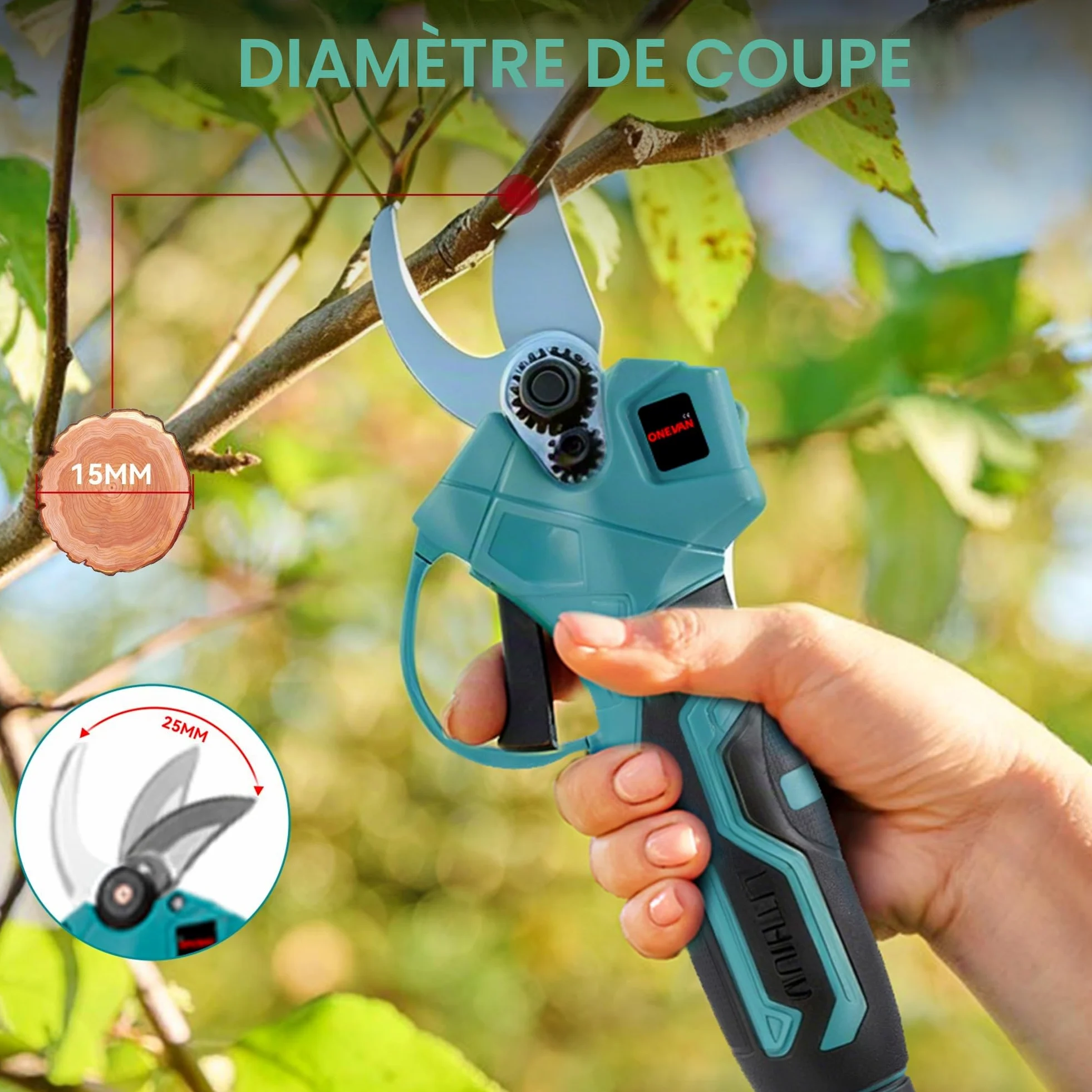 ONEVAN Élagueuse sur Perche Télescopique sans Fil 4-en-1 avec 2 Batteries | 15cm Tronçonneuse, 25mm Sécateur, 2.6m Perche, 180° Tête pivotante, Moteur Brushless, SK5-Lames, Élagage en hauteur, Jardin