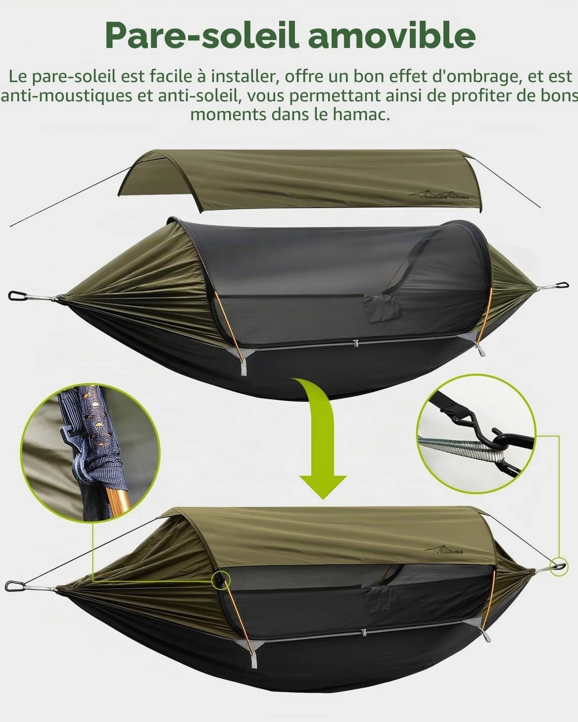 Hamac Tente avec Moustiquaire et Pare-Soleil Amovible, Fonction 4 en 1, Hamacs Exterieur Suspendus Légers, Tente de Bivouac pour l'extérieur, La Randonnée Camping dans Jardin