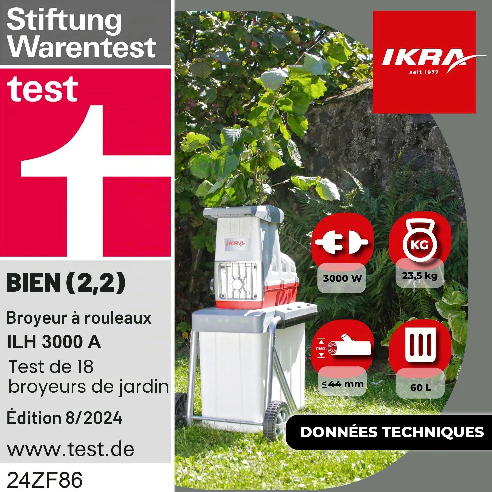 IKRA broyeur de jardin électrique à rouleaux ILH 3000A, ciseaux inclus | Silencieux & robuste, puissant (3000W), alimentation automatique des branches, marche arrière, pour branches jusqu'à 44 mm