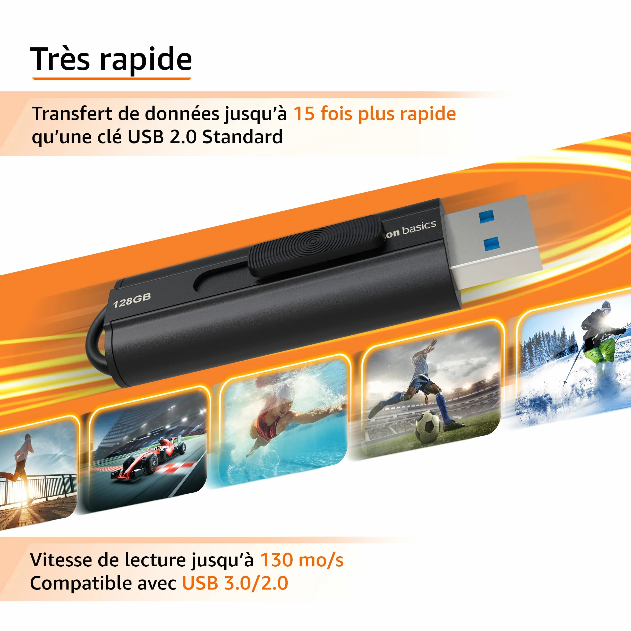 Amazon Basics 128 Go Clé USB 3.1 Noir, vitesse de lecture 130 Mo/s