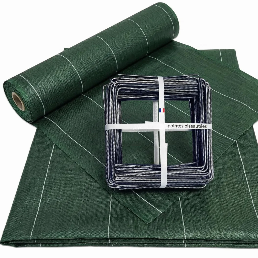 Pack Agrafes et Toile de paillage - Anti Mauvaises Herbes Rouleau Longueur 50m Largeur 1,38m - Lot Bache Vert 130gr par m2 - Geotextile - ZENLYS