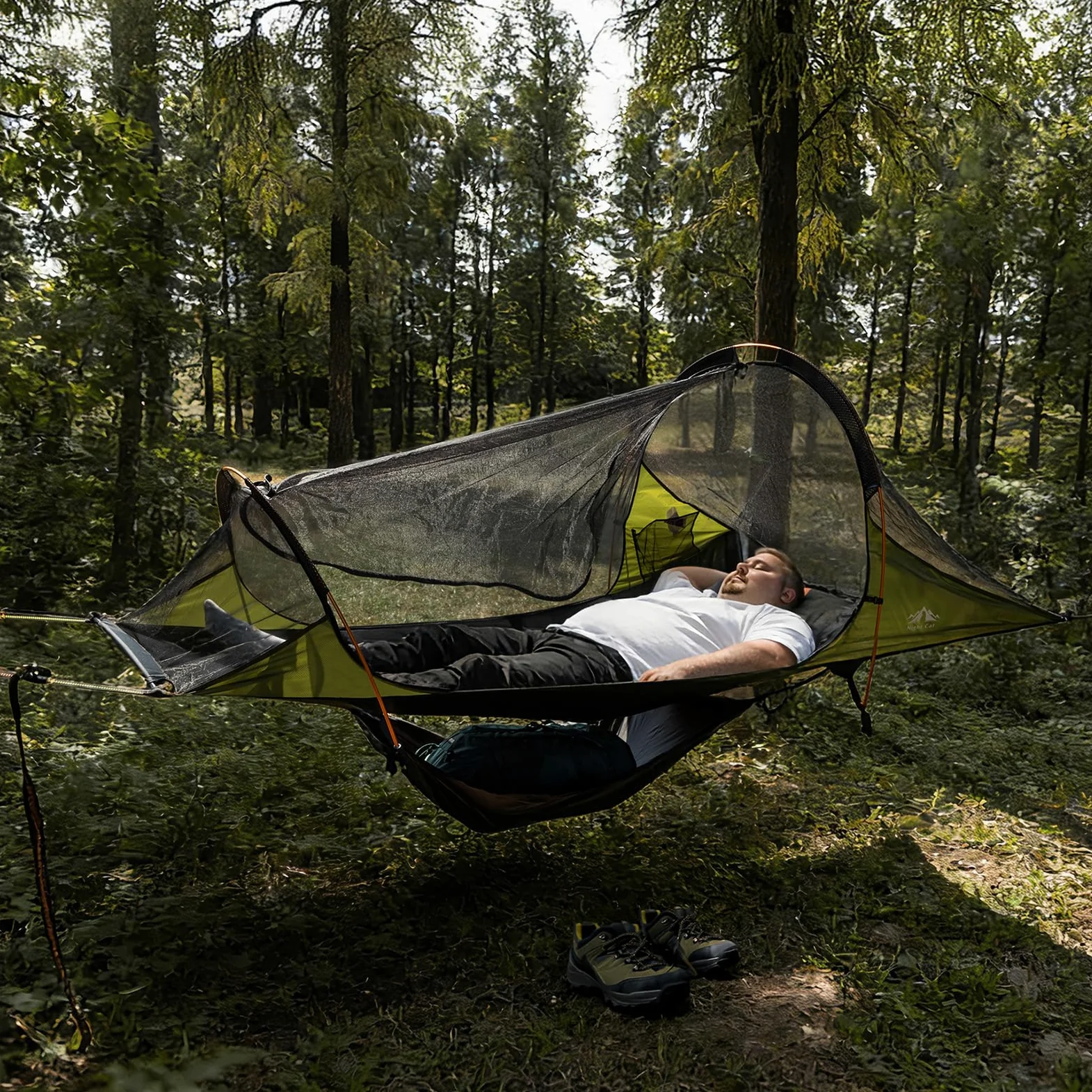 Night Cat Camping Hamac Tente: 1 Personne Fond Plat Hamac avec Moustiquire imperméable pour Bivouac Randonnée Jardin