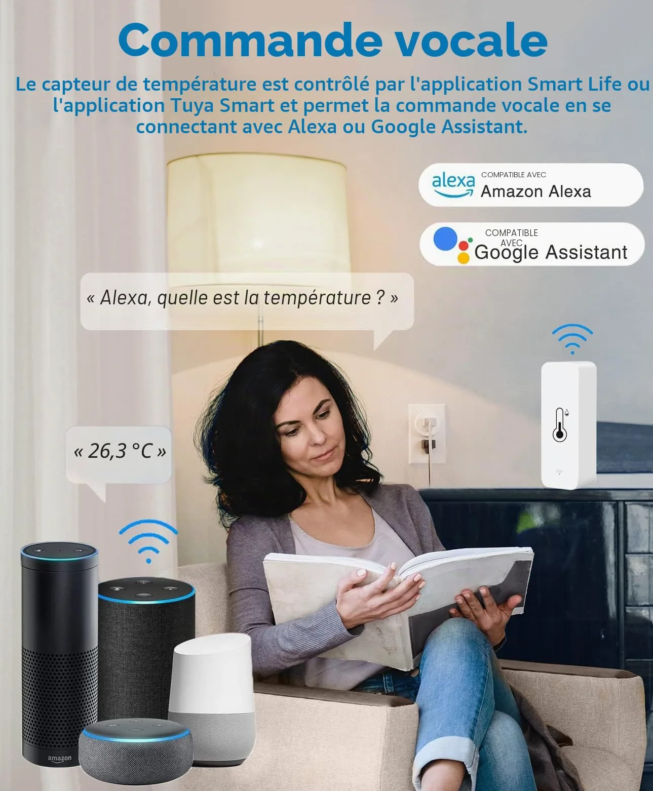 Hygromètre WiFi Smart Thermomètre, mini capteur numérique de température & d'humidité intérieure, capteur d'humidité à température ambiante pour sous sol en serre, compatible avec Alexa & Google Home