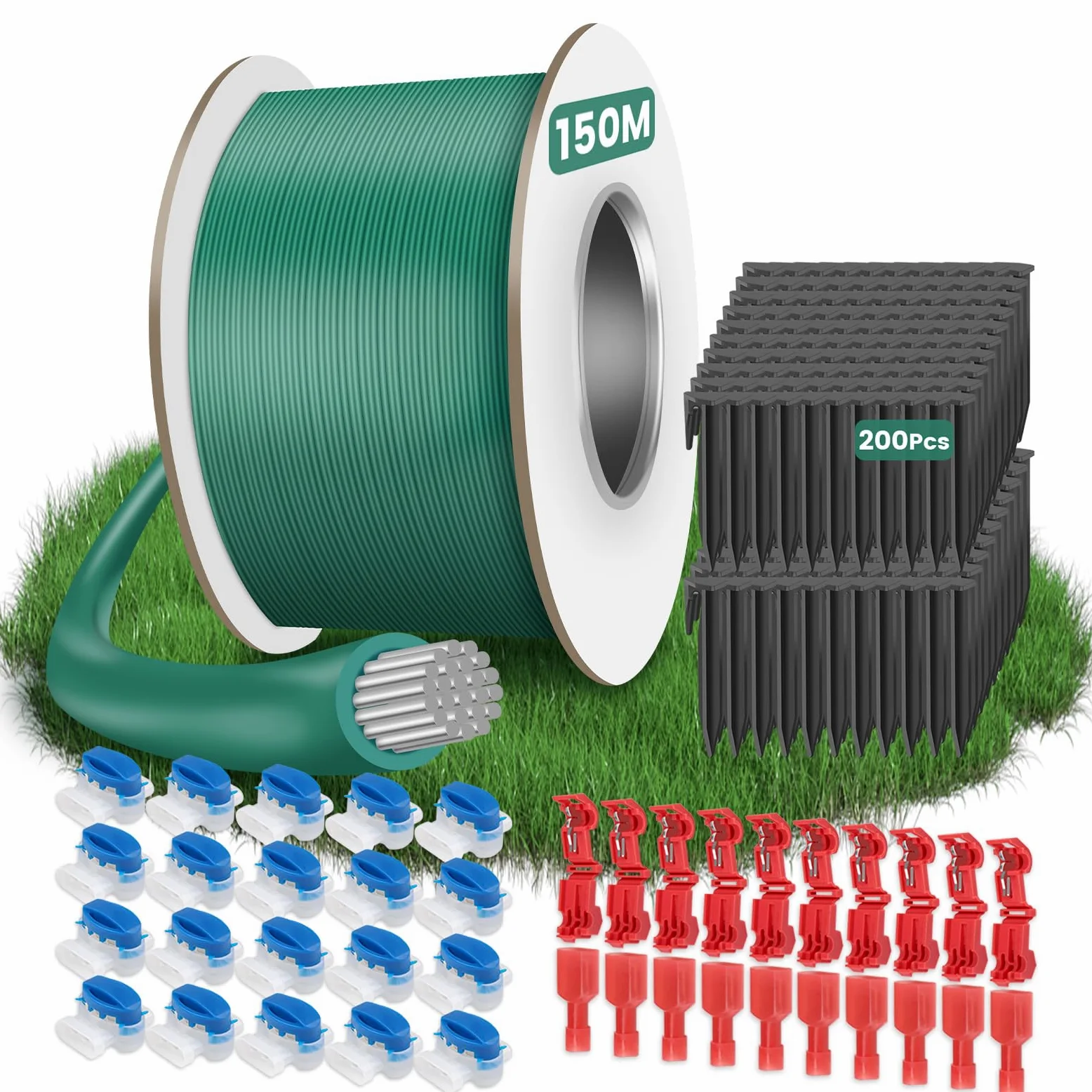 Câble de délimitation, 150 m, pour robot tondeuse - 200 piquets, 20 connecteurs de câble et 10 bornes de raccordement - Kit d'accessoires universels pour robot tondeuse