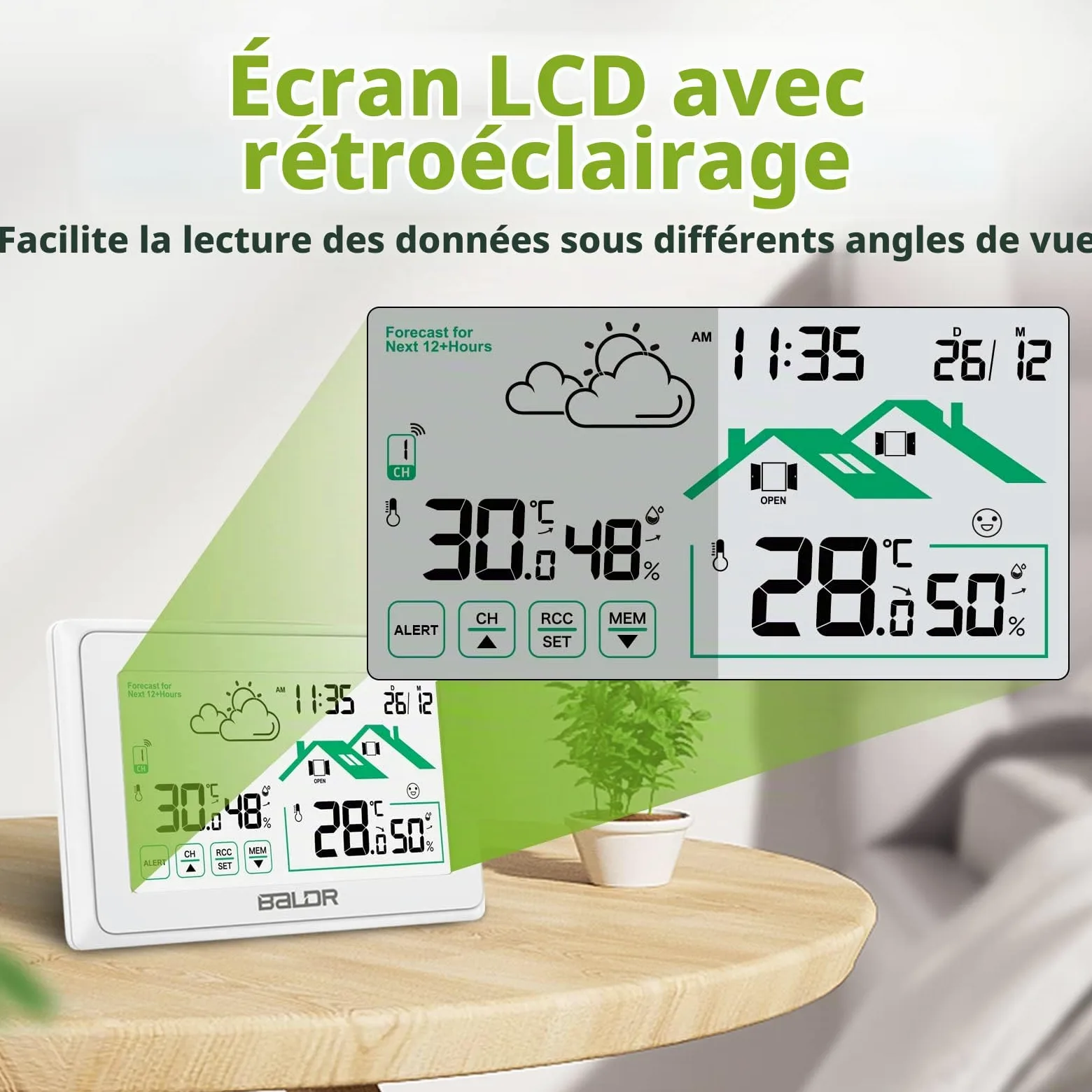 BALDR Station Meteo Interieur Exterieur Sans Fil, Horloge Umérique DCF Thermomètre Intérieur Avec Prévisions Météo de Ventilation et Rétro-éclairage