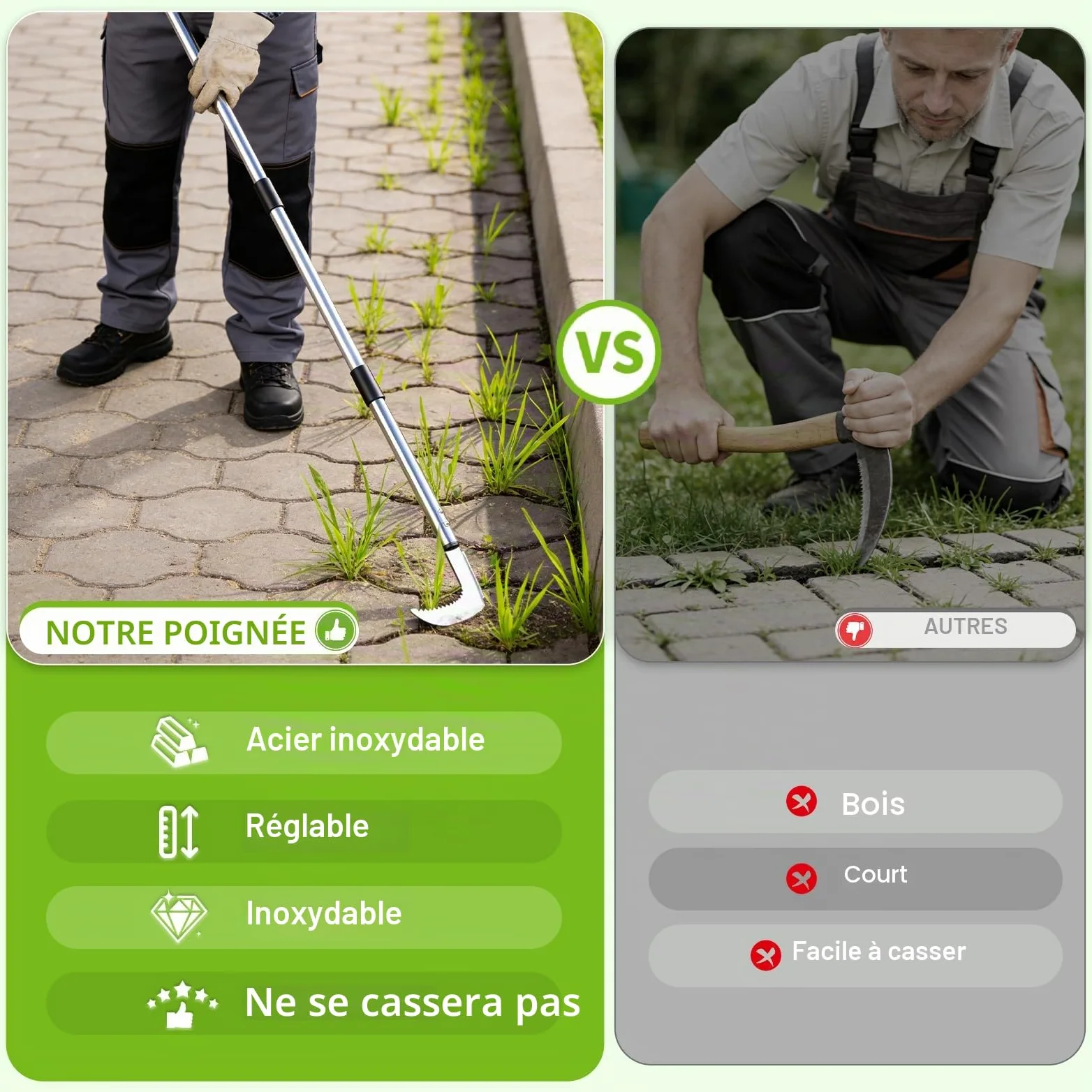 Outil de Désherbage avec Long Manche, 60-160 cm Désherbeur à Manche Long Réglables avec Bord Dentelé, Couteau Désherbeur Manuel en Acier Inoxydable pour Enlever la Mousse et Les Mauvaises Herbes