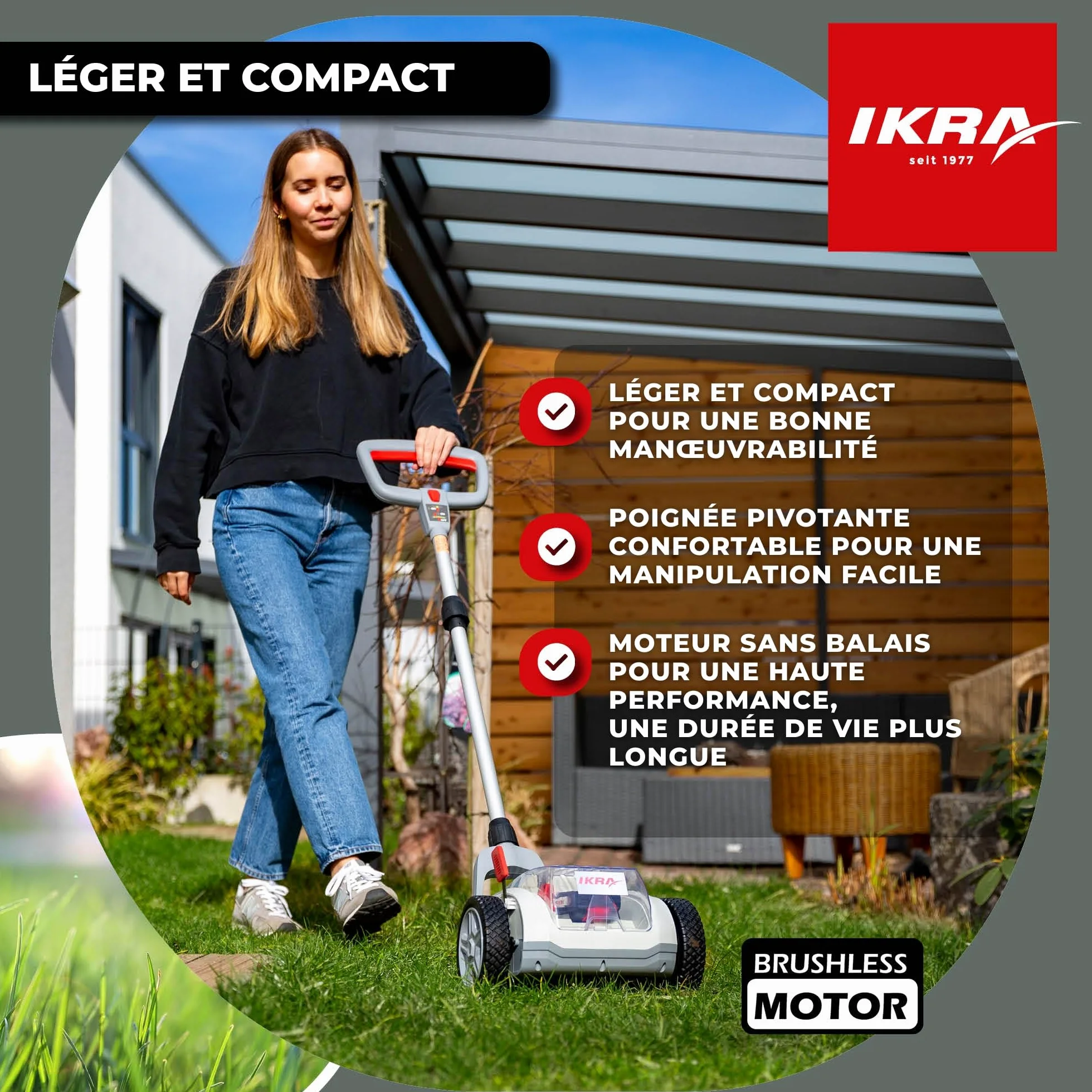 IKRA Tondeuse à Gazon sans Fil ICHM 20, avec Batterie 20 V et Chargeur | Avec fonction mulching, recommandation pour 50 m², largeur 21 cm, hauteur de coupe 25-48 mm, gamme de batteries 20 V d'IKRA