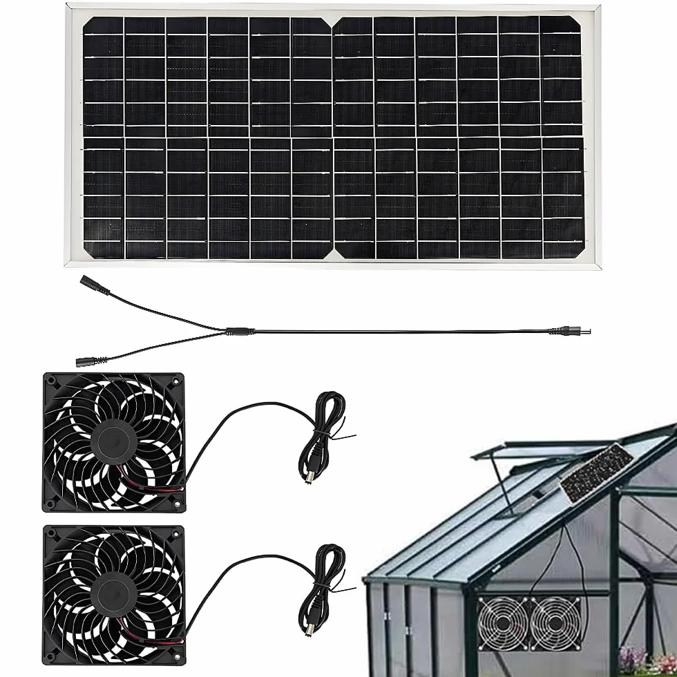 Ventilateur Solaire 16W IP65, Kit Panneau Solaire avec Deux Ventilateurs, Extracteur d'Air pour Serre Poulailler Niche