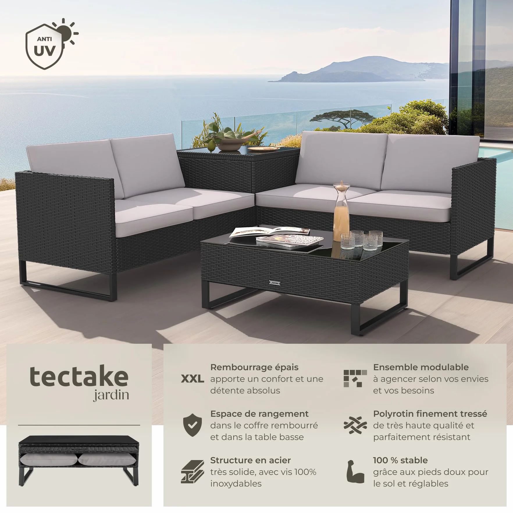 Tectake Ensemble Salon de Jardin Exterieur Modulable en Rotin, Canape 4 Places, Table Basse Verre, Coffre Rangement, Coussins Inclus