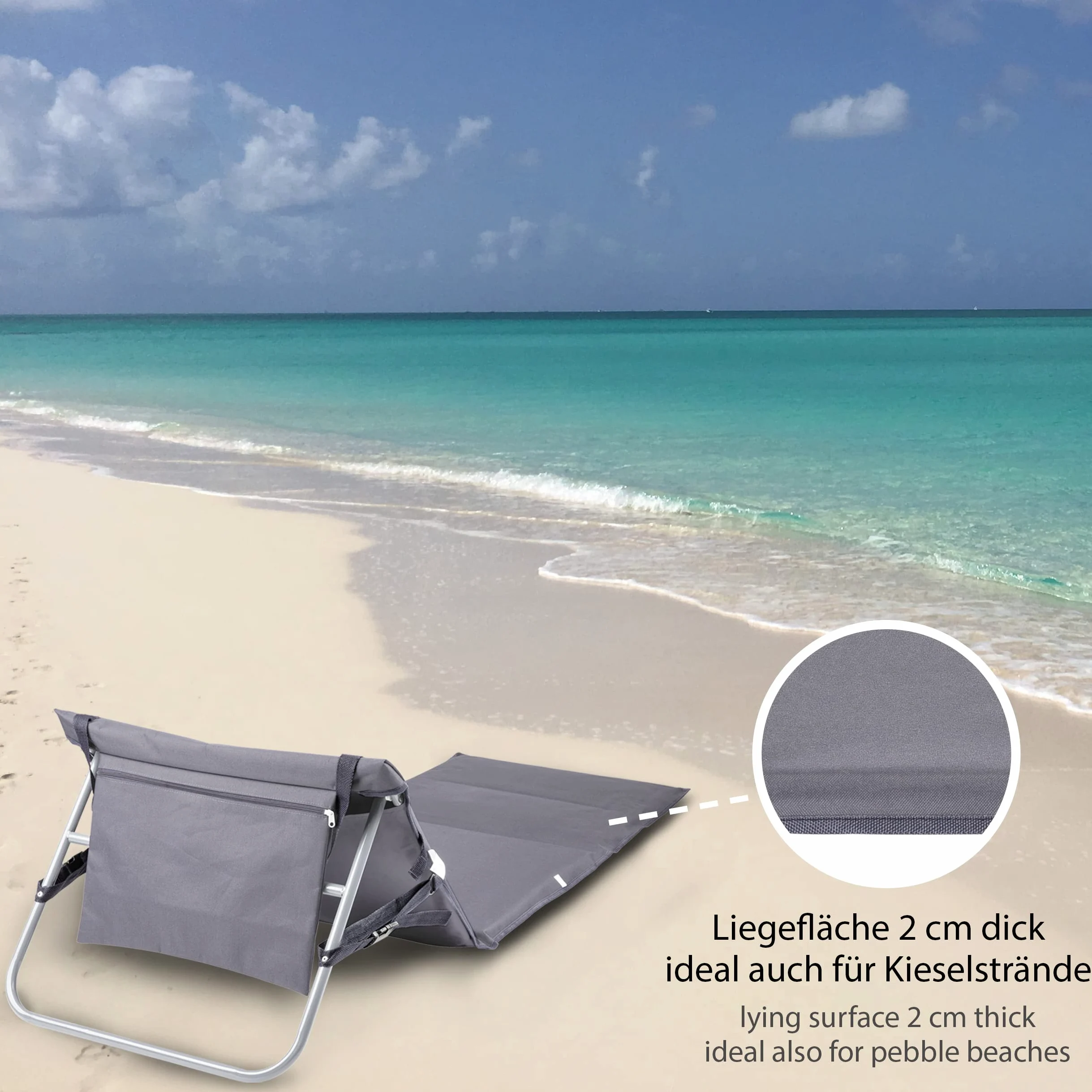 ONVAYA Tapis de plage de qualité supérieure - Rembourré - 2 cm - Avec dossier - Chaise longue de plage pliable - Matelas de plage - Tapis de soleil avec sangle de transport - 161 x 55 x 45 cm