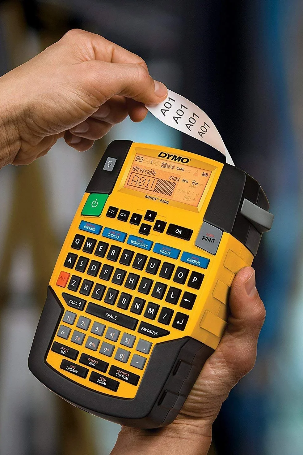 DYMO RHINO 4200 Kit imprimante étiquettes transfert thermique noir jaune QWERTY 1,9 cm Code 128 39 AA