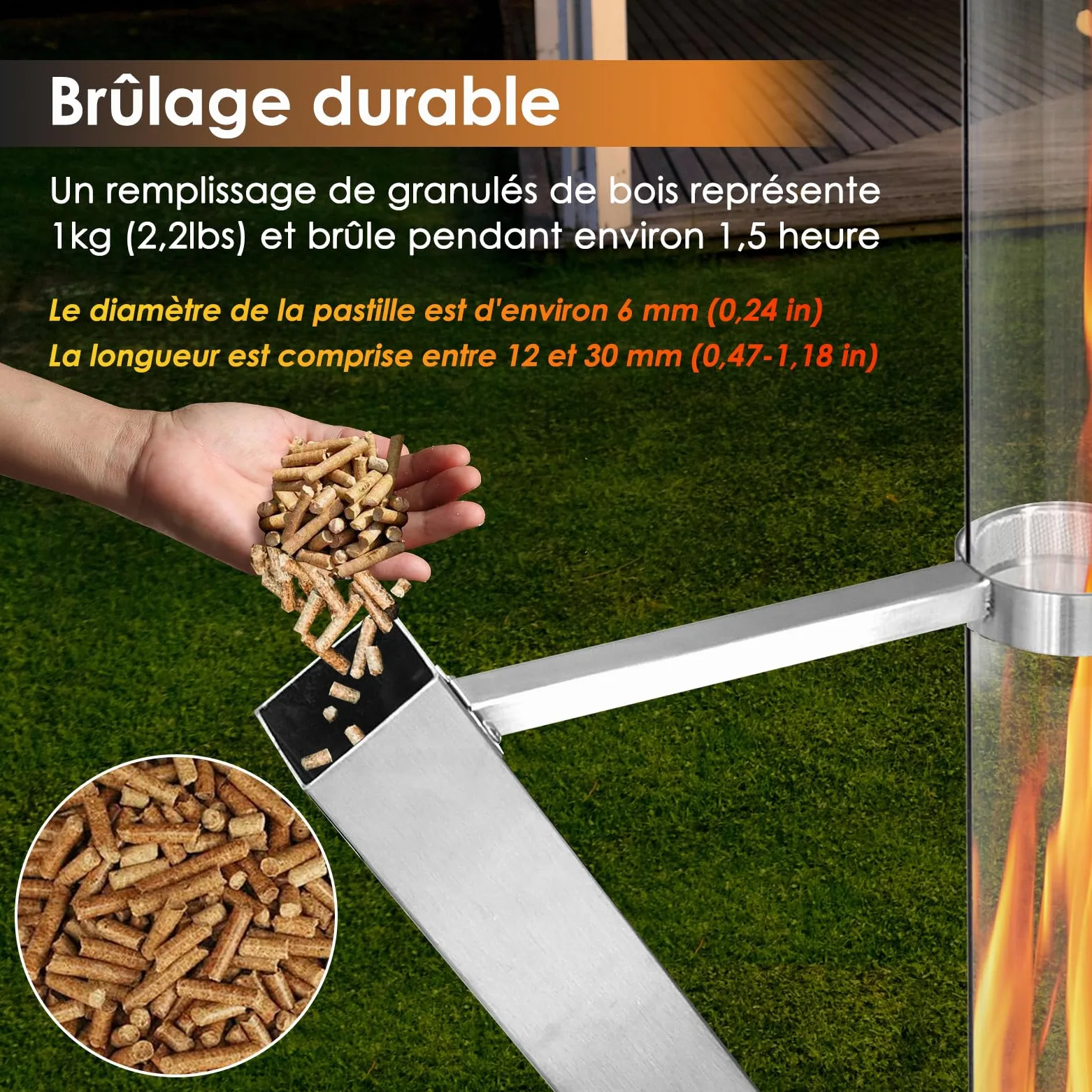 CTSC Kit Pellet Torch avec Tube en Verrea, Cheminée de Jardin, Fonctionne aux granulés, Flamme jusqu'à 1m, ajoute de la lumière et de l'ambiance pour Porche, terrasse, Jardin et arrière-Cour