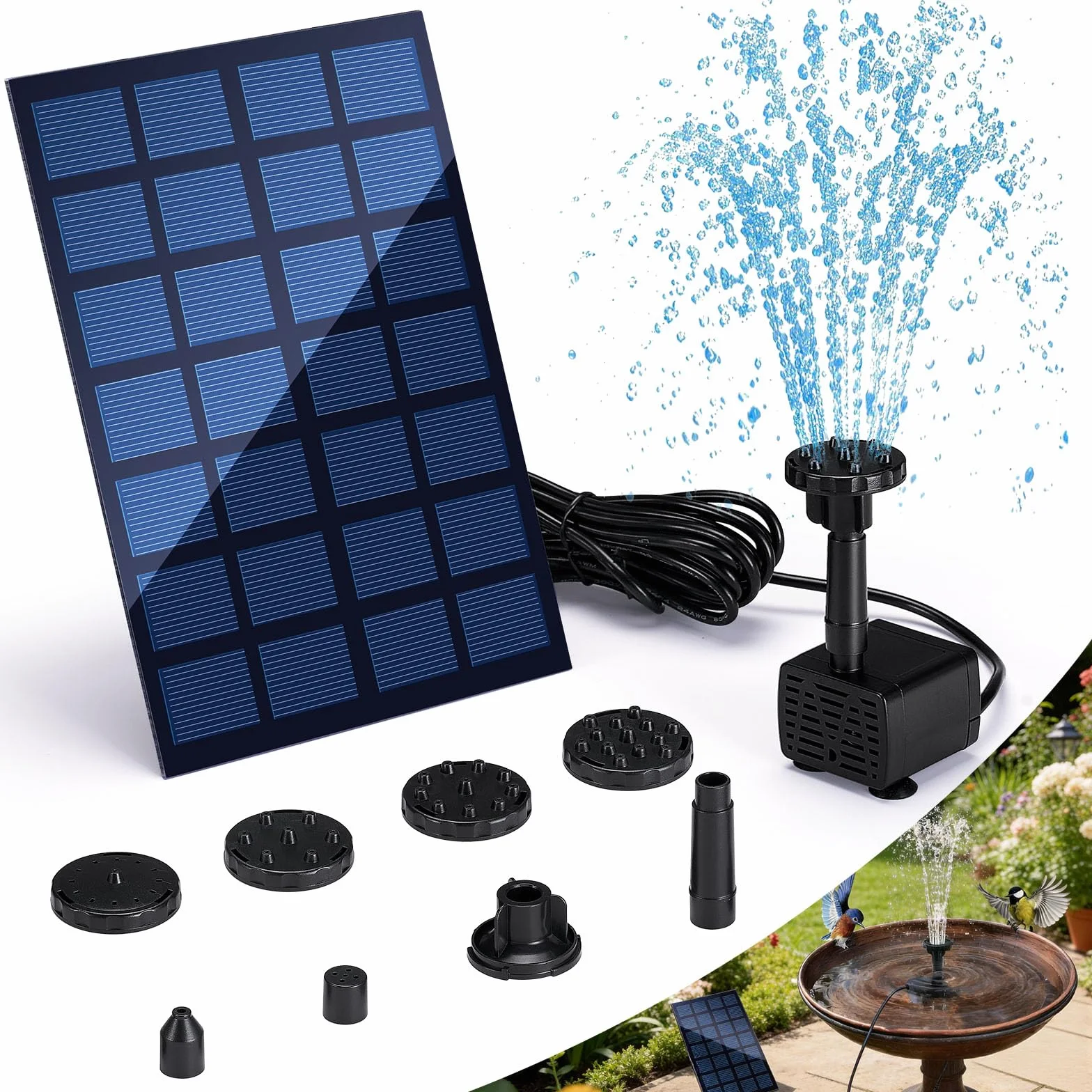 Pompe Solaire Bassin 2.5W Fontaine Solaire Extérieure Jardin 6 Buses 6 Modes
