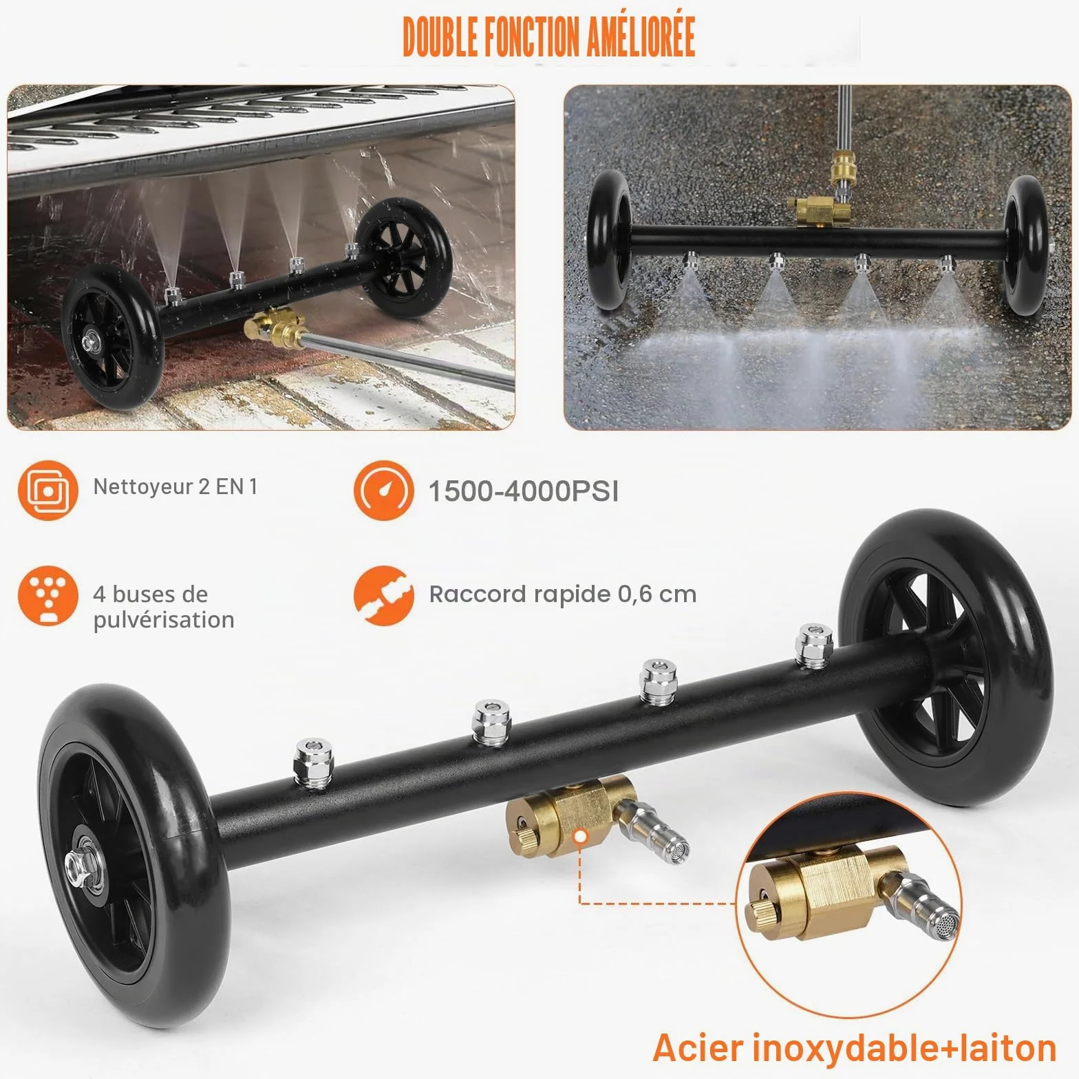 YUET Balai d'eau de Lavage de Voiture, 2 en 1 pour Nettoyeur Haute Pression | Nettoyeur de Surface de 16 inch avec 4 Buses, 3 Tiges d'extension, 4000 PSI 40 cm, 1/4" Connexion Rapide