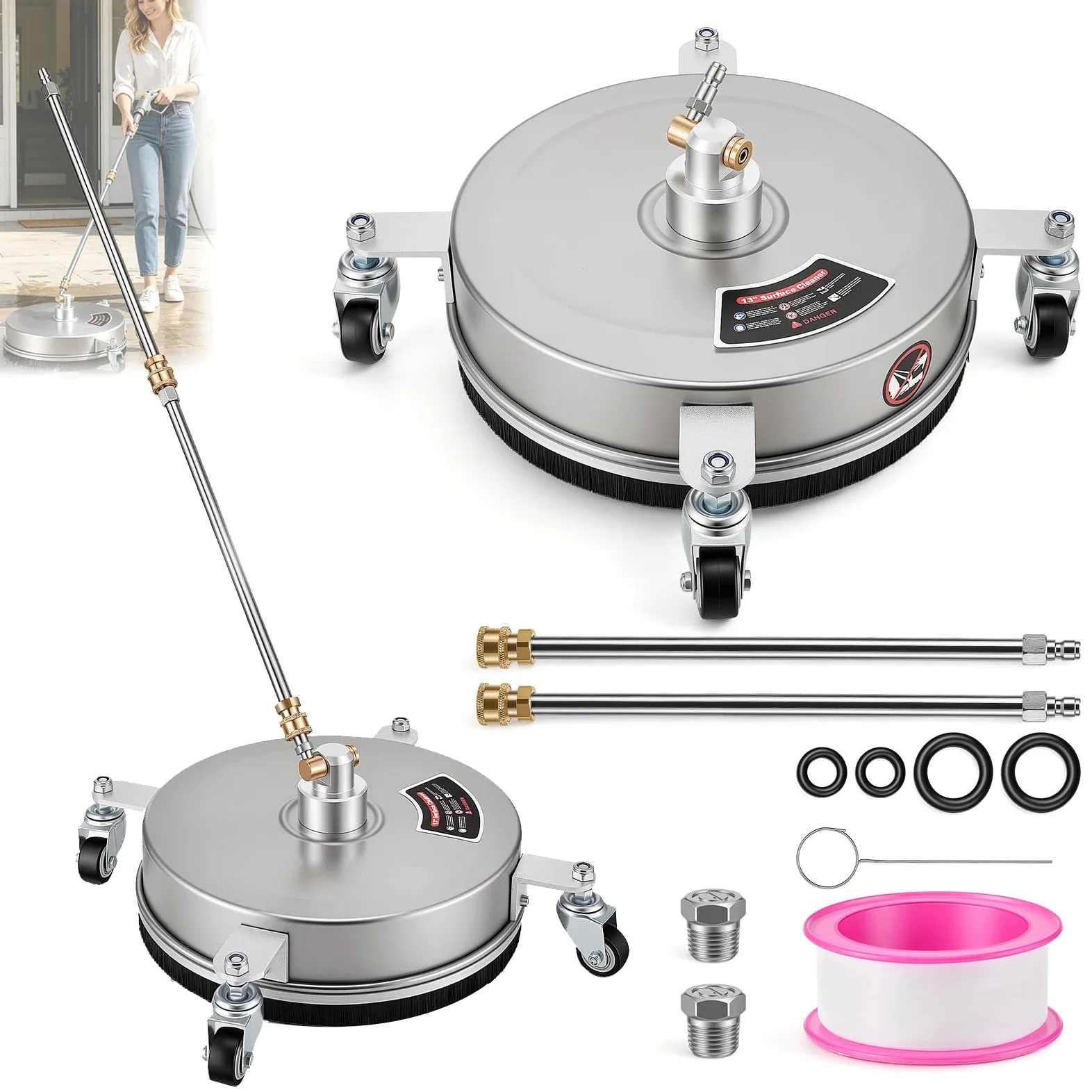 Nettoyeur Surface, Nettoyeur Surface pour Haute Pression 14'' Machine Nettoyage pour Pavés à 4 Roues Boîtier en Acier Inoxydable Raccord Rapide 1/4 Pouce et 2 Lances D'extension (14")