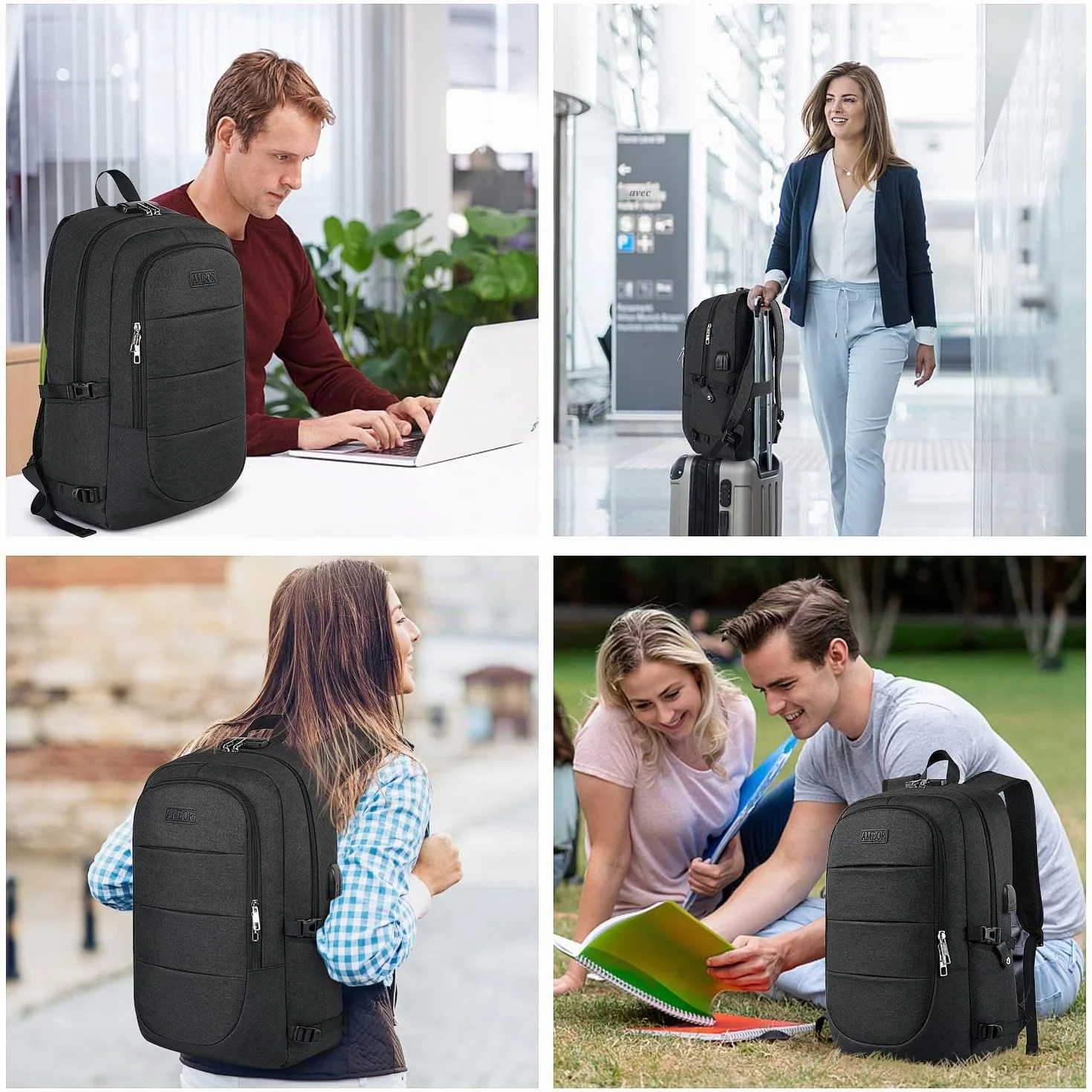 AMBOR Sac à Dos Ordinateur Portable 17.3 Pouces Imperméable avec USB Charging Port Noir