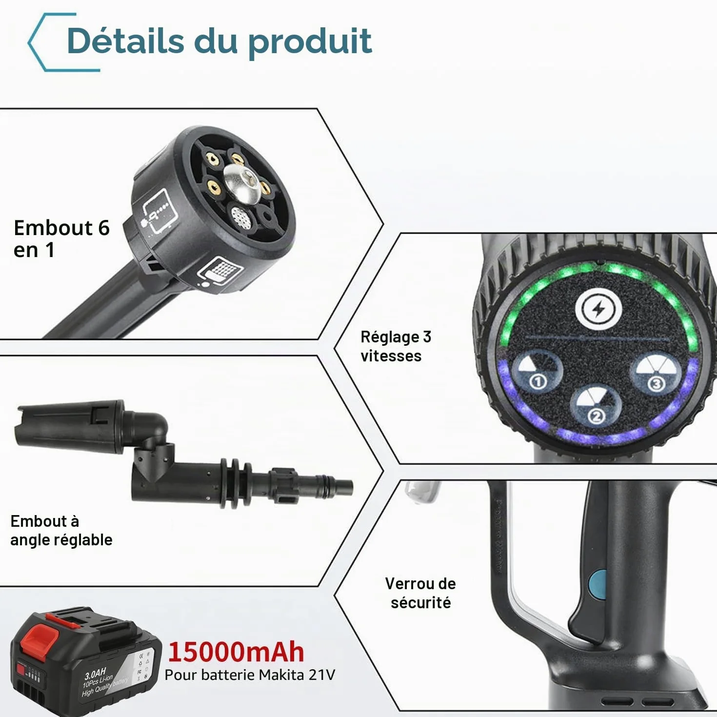 Nettoyeur Haute Pression sans Fil, 21V Max 200 Bar Nettoyeur Haute Pression avec Batterie de 3,0Ah, Press & Clean Pistolet de Lavage avec écran LCD de Puissance et 3 Vitesses (Noir avec 2 Batterie)