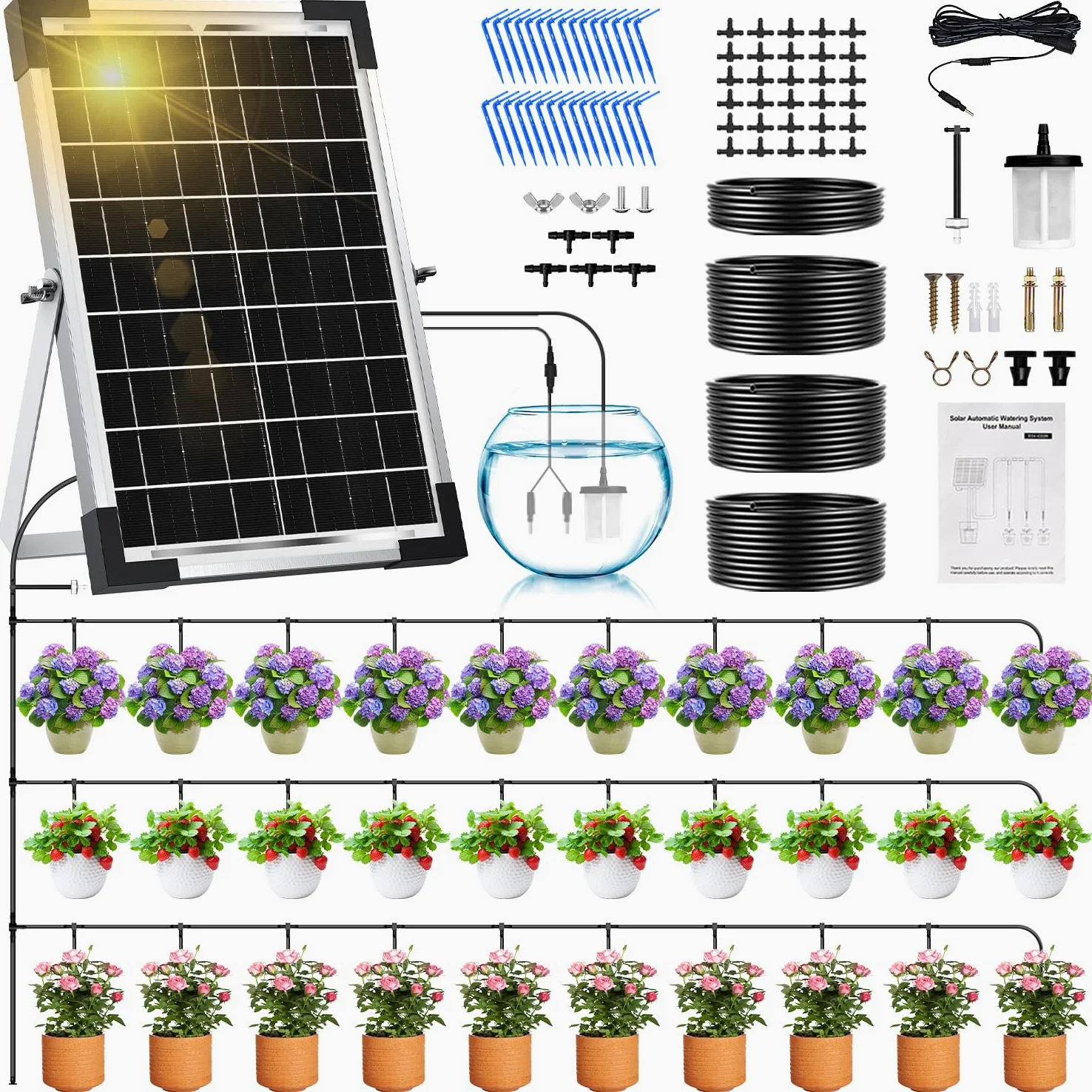 Onherm Arrosage Automatique Solaire pour 30 Plantes, 35M Tuyau et 300 Modes D’Irrigatio, Arrosage Goutte a Goutte Solaire Kit pour Jardin, Balcon et Plantes en Extérieur