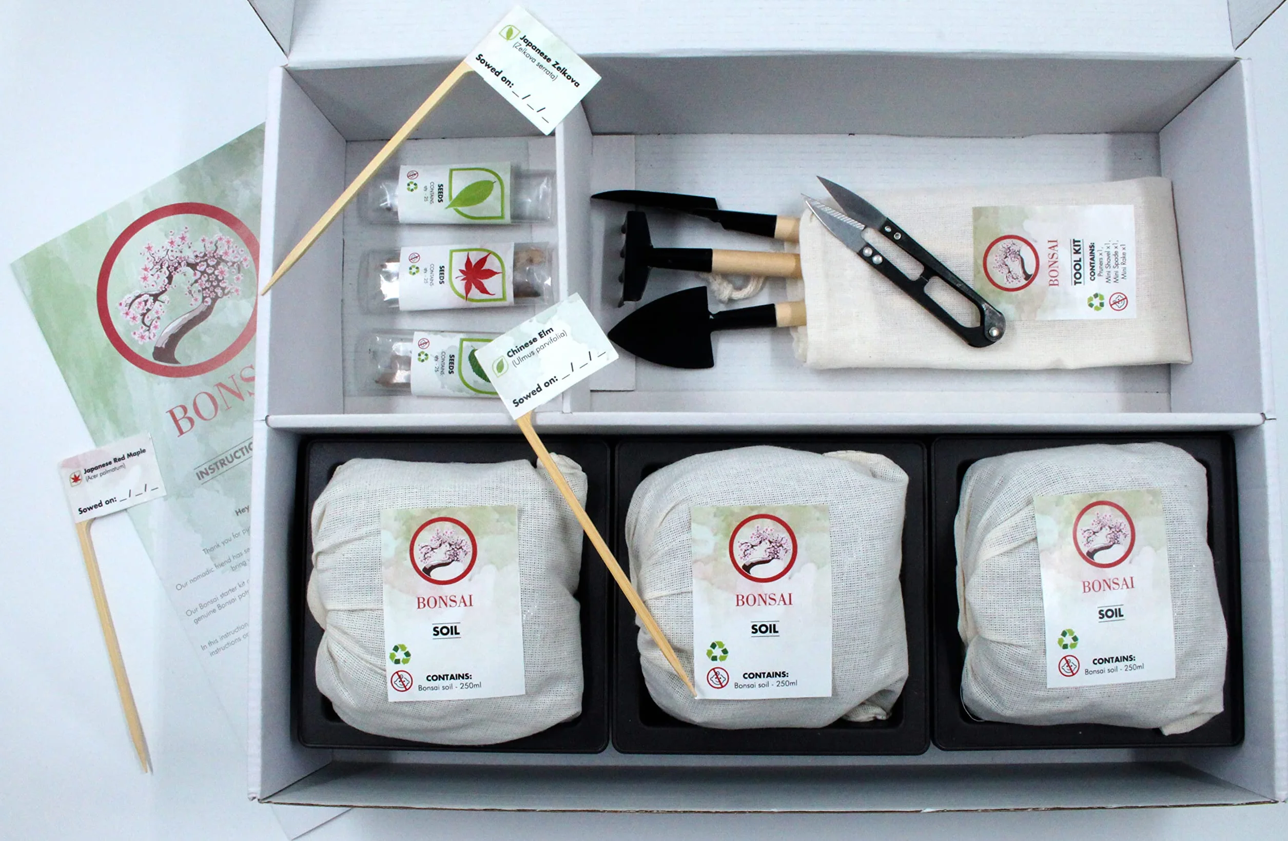 Kit de Démarrage Bonsai Japonais Authentique - 3 Variétés de Graines, Terreau, Pots, Outils, Coffret Cadeau