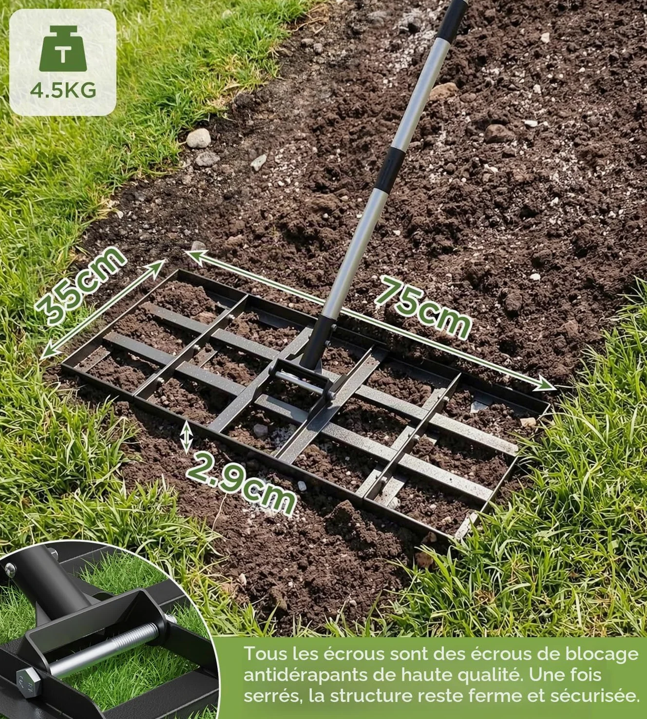 Rateau Nivellement 75 x 35 cm, rateau de nivellement réglable, Manche Acier 180 cm, rateau Jardin et rateau de nivellement de pelouse pour niveler Terre, Sable et pelouses dans Jardins et Golf