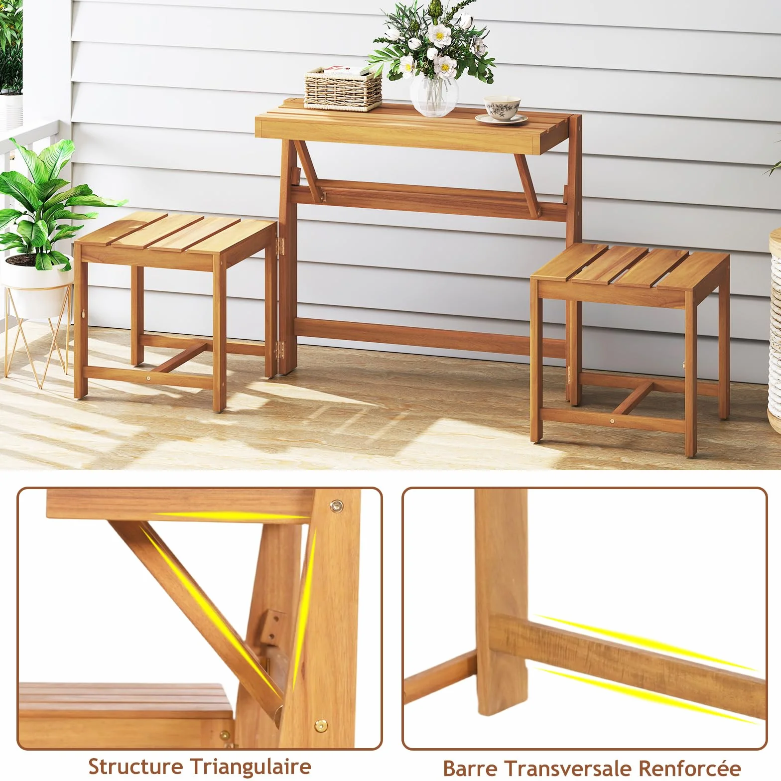 GOPLUS Salon de Jardin Extérieur 3 en 1 Banc Convertible Acacia Pliant 2 Personnes FSC Naturel