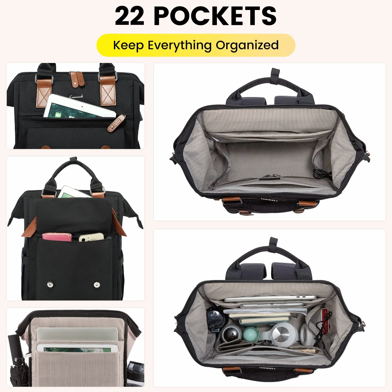 LOVEVOOK Sac à Dos Femme Ordinateur Portable Imperméable Grand Sac à Dos PC Voyage