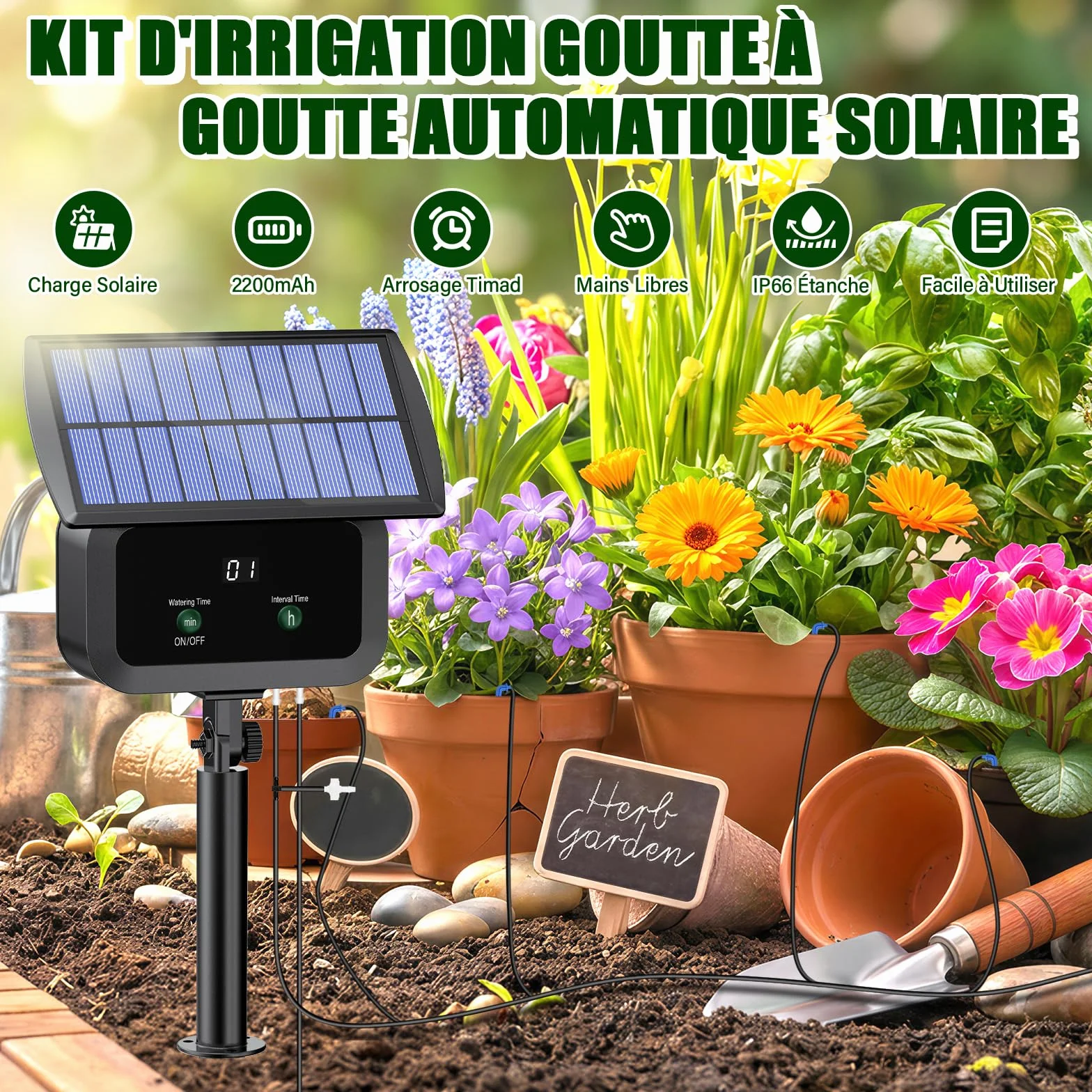 Kit Arrosage Automatique Solaire, Système d'Irrigation Goutte à Goutte avec Minuterie et Tuyau 15M