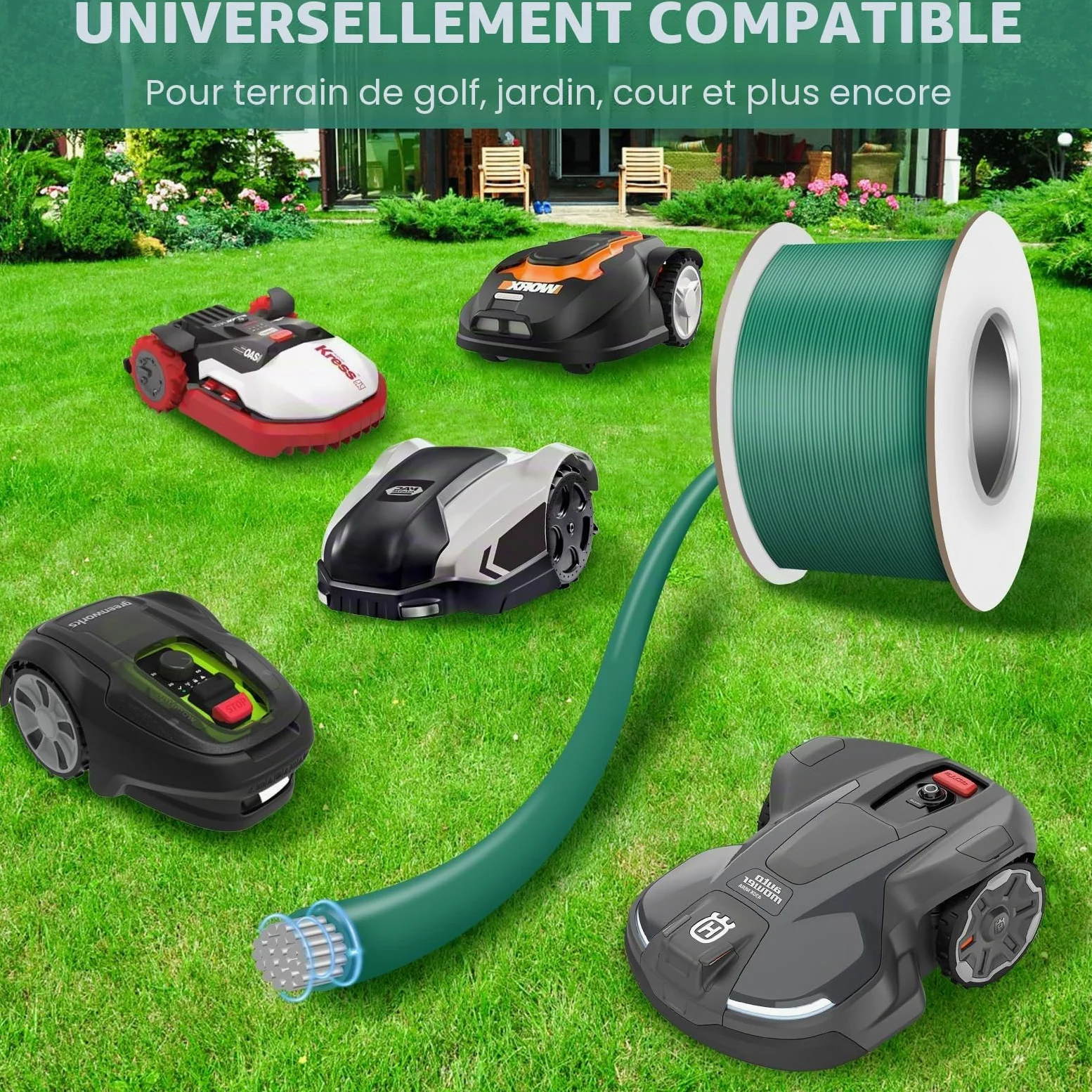Câble de délimitation, 150 m, pour robot tondeuse - 200 piquets, 20 connecteurs de câble et 10 bornes de raccordement - Kit d'accessoires universels pour robot tondeuse