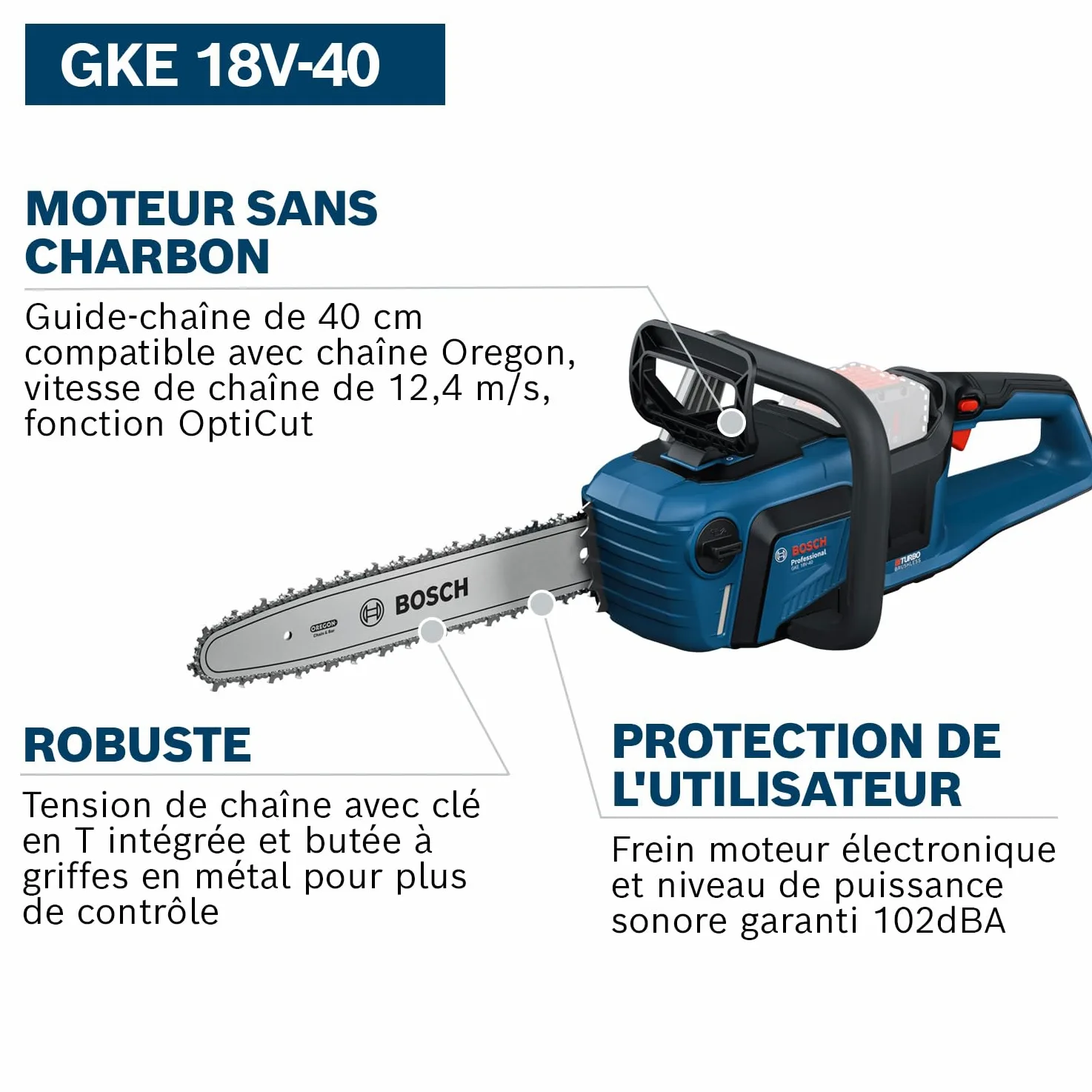 Bosch Pro 18V System Tronçonneuse à chaîne GKE 18V-40 | guide-chaîne de 40 cm, moteur sans charbon, avec clé, couvre-chaîne, batterie et chargeur