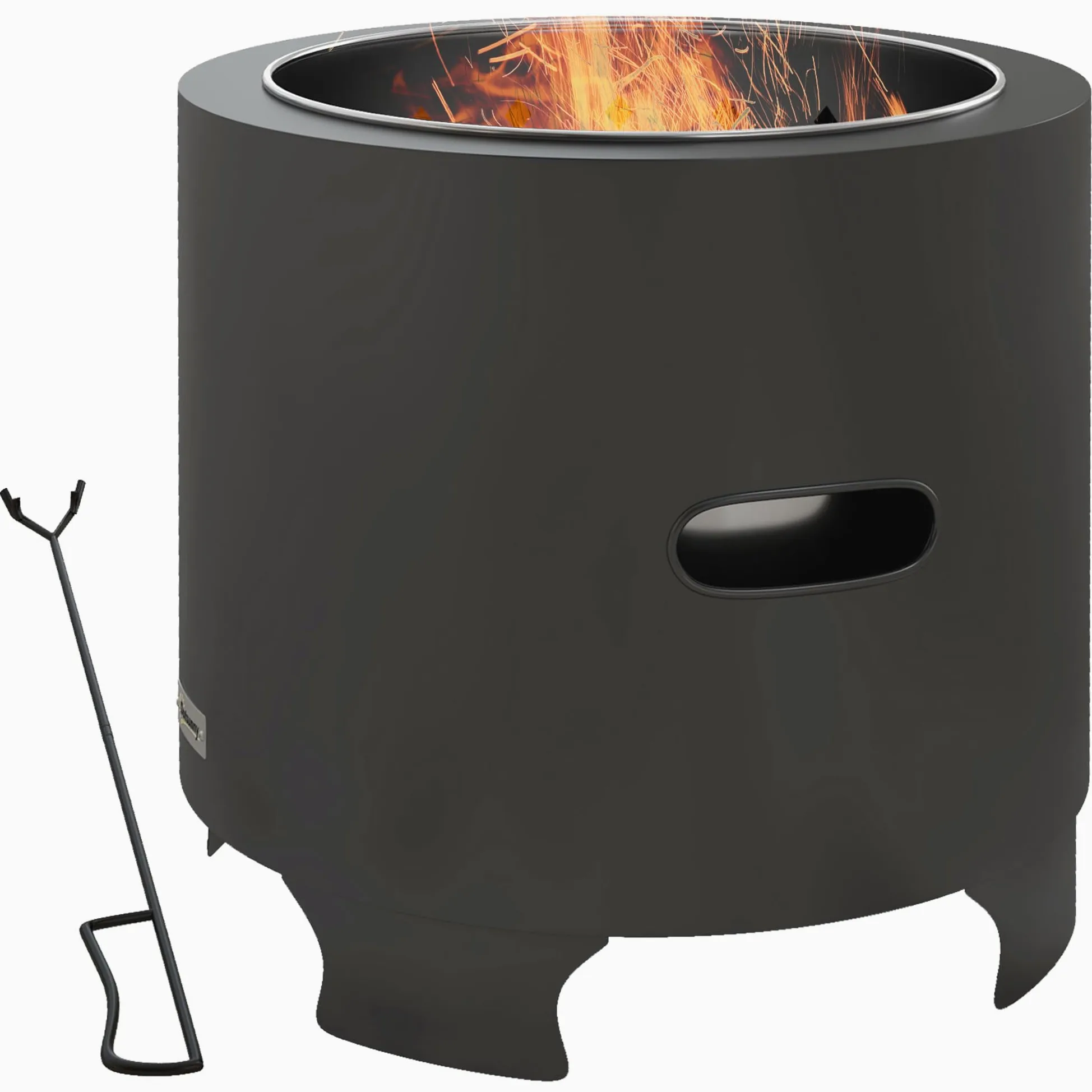 Outsunny Brasero sans fumée Rond Portable diamètre 45 cm Noir | foyer à bois extérieur, pot intérieur en acier inoxydable, tisonnier, poignées rainurées