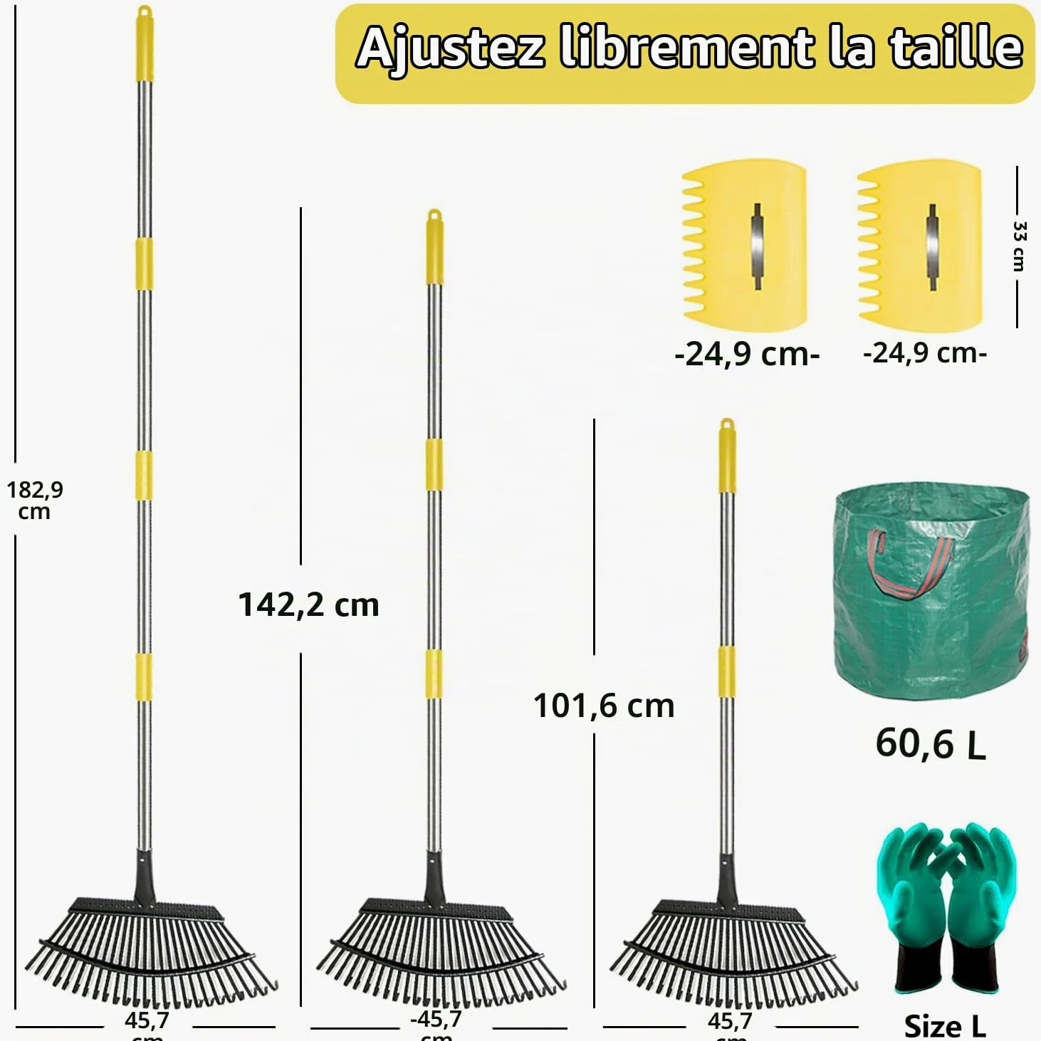 Stanew Râteau à Feuilles de Jardin, Râteau à Feuilles avec Manche Télescopique avec 25 Dents, Kit de Outillage de Jardin pour Ramasser Les Feuilles ou l'herbe Coupée (Longueur de la Tige 165CM)