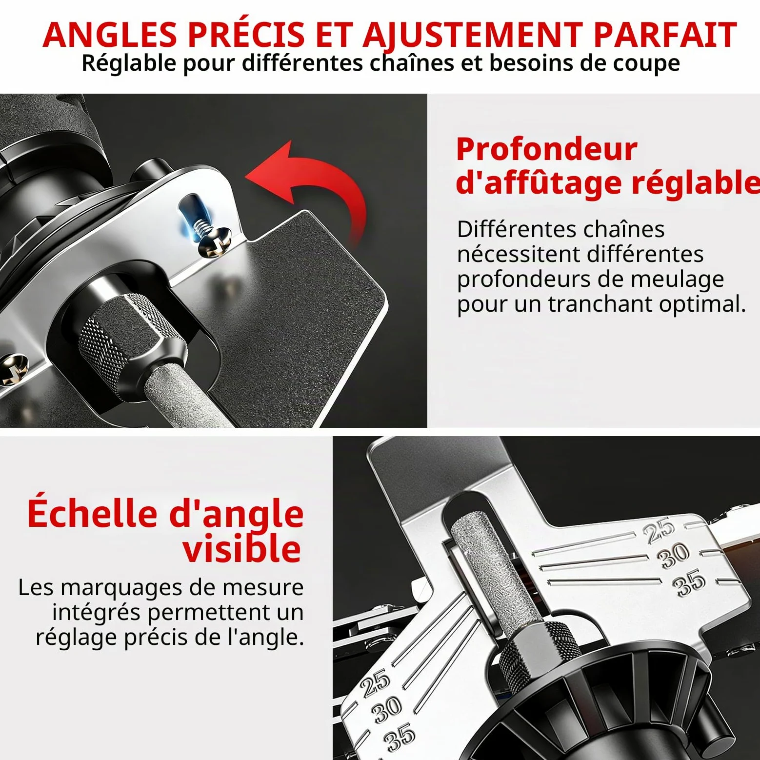Affûteur de Chaîne de Tronçonneuse Électrique Sans Fil, Aiguiseur | avec 9 Têtes de Meulage, Brosse en Alliage & Guide d’Angle Réglable 25°/30°/35°, USB, pour Tronçonneuses