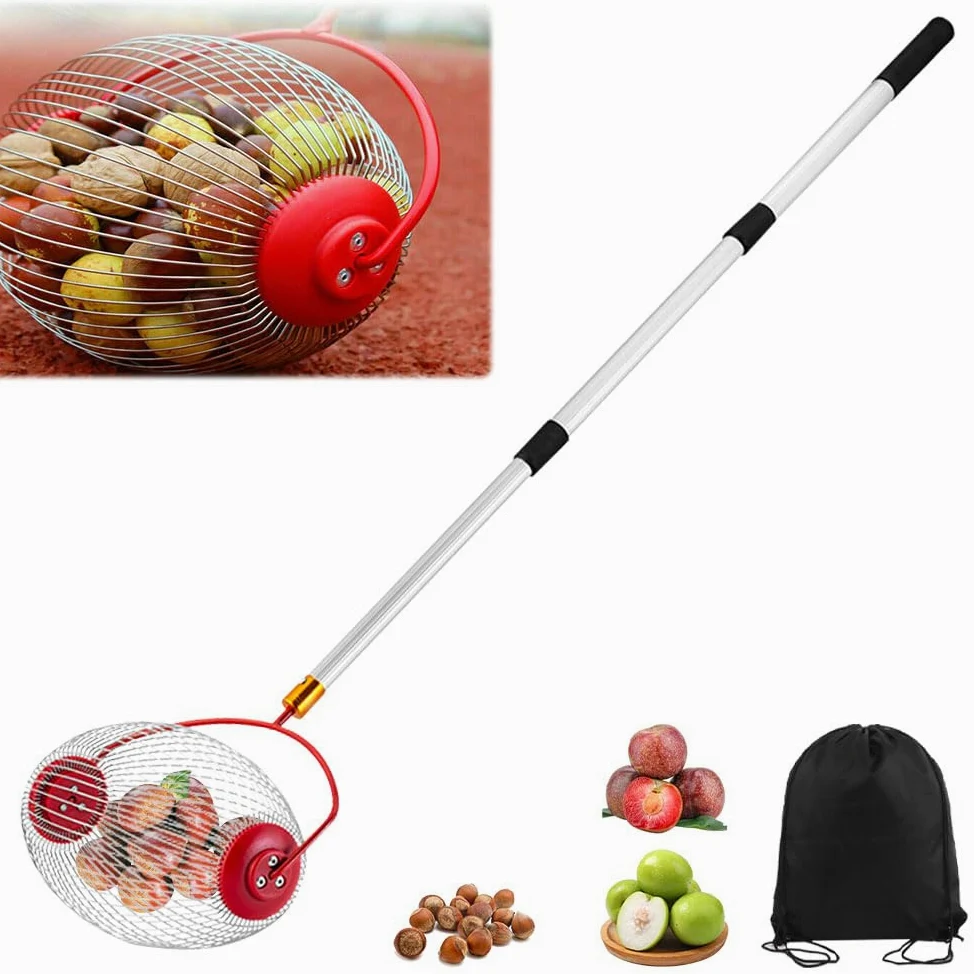 Collecteur de Noix, Ramasse Fruit avec Tige Télescopique Réglable, Rouleau Ramasse Noix avec Sac de Rangement, Collecteur de Rouleaux pour Balles, Noix de Pécan, Les Pruneaux, Golf, Etc.