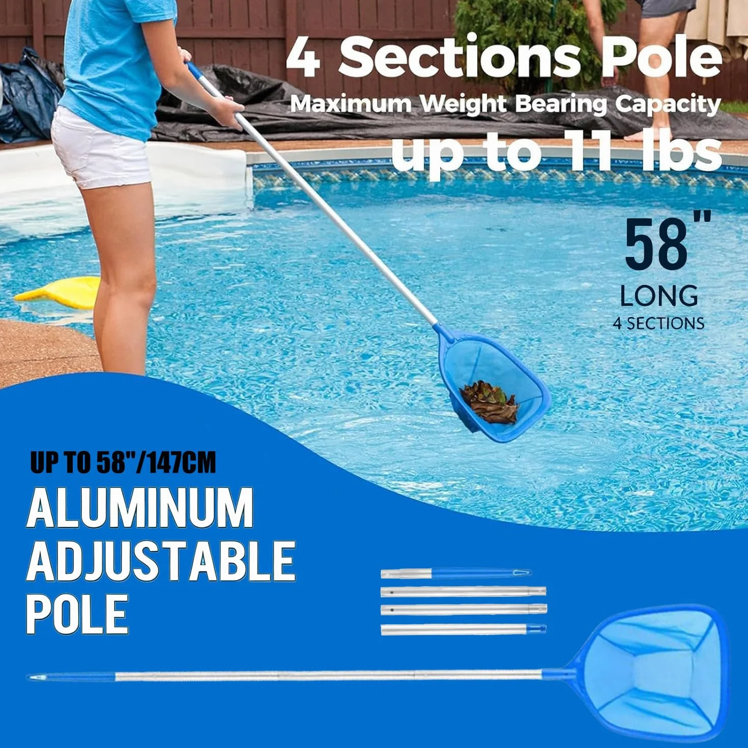 Filet de piscine avec manche télescopique détachable, mailles fines, épuisette à main, 146 cm