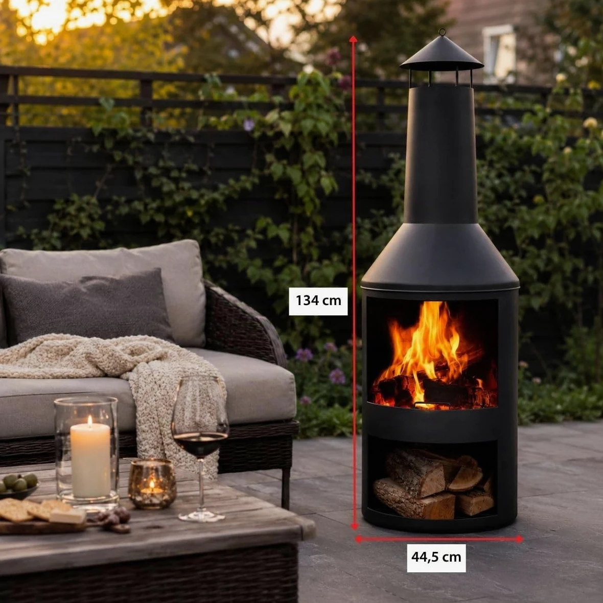 BBQ Collection Brasero 134 x 44,5 cm - Incinerateur de Jardin sur Pied - Decoration Jardin et Terrasse Exterieur - avec Cheminée - Rangement de Bois - Acier au Carbone