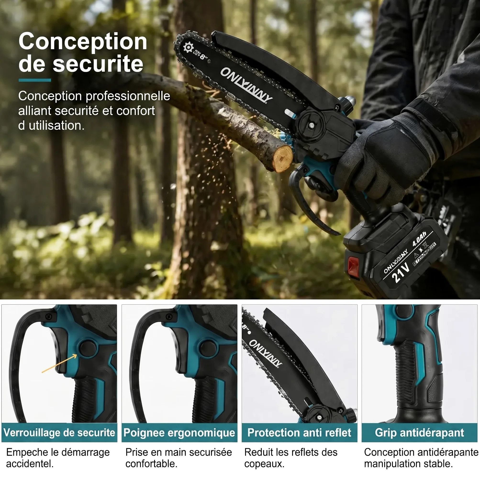 Tronçonneuse élagueuse 2-en-1 8 pouces moteur brushless 21V, perche télescopique, 2 batteries 4,0 Ah, verrouillage sécurité outil d'élagage arbres fruitiers jardin