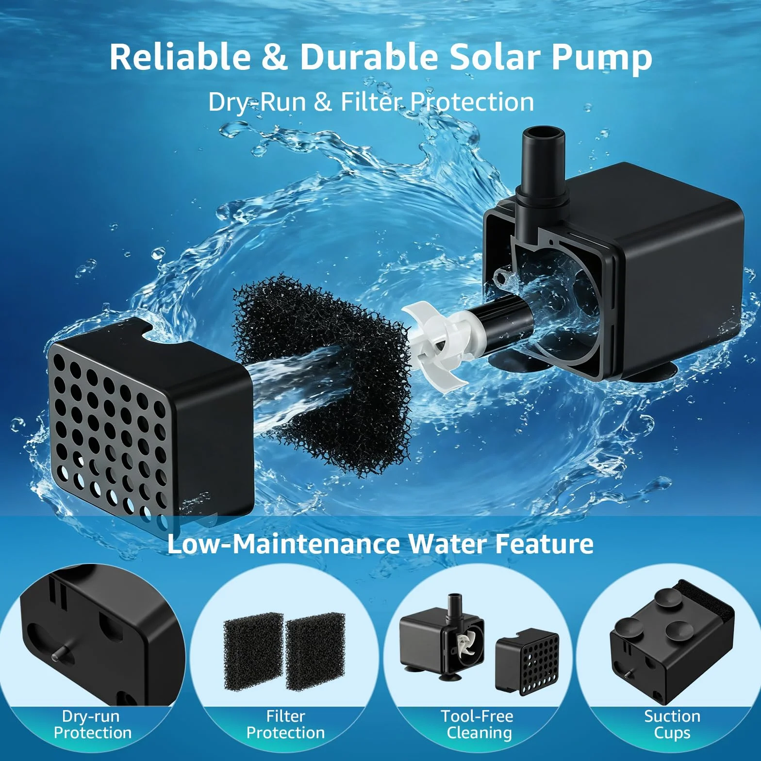 Pompe Solaire pour Fontaine à Oiseaux 4 W câble Secteur 3 m Support de Sol réglable 5 Modes de pulvérisation Tuyau 1,2 m Anti-séchage silencieuse