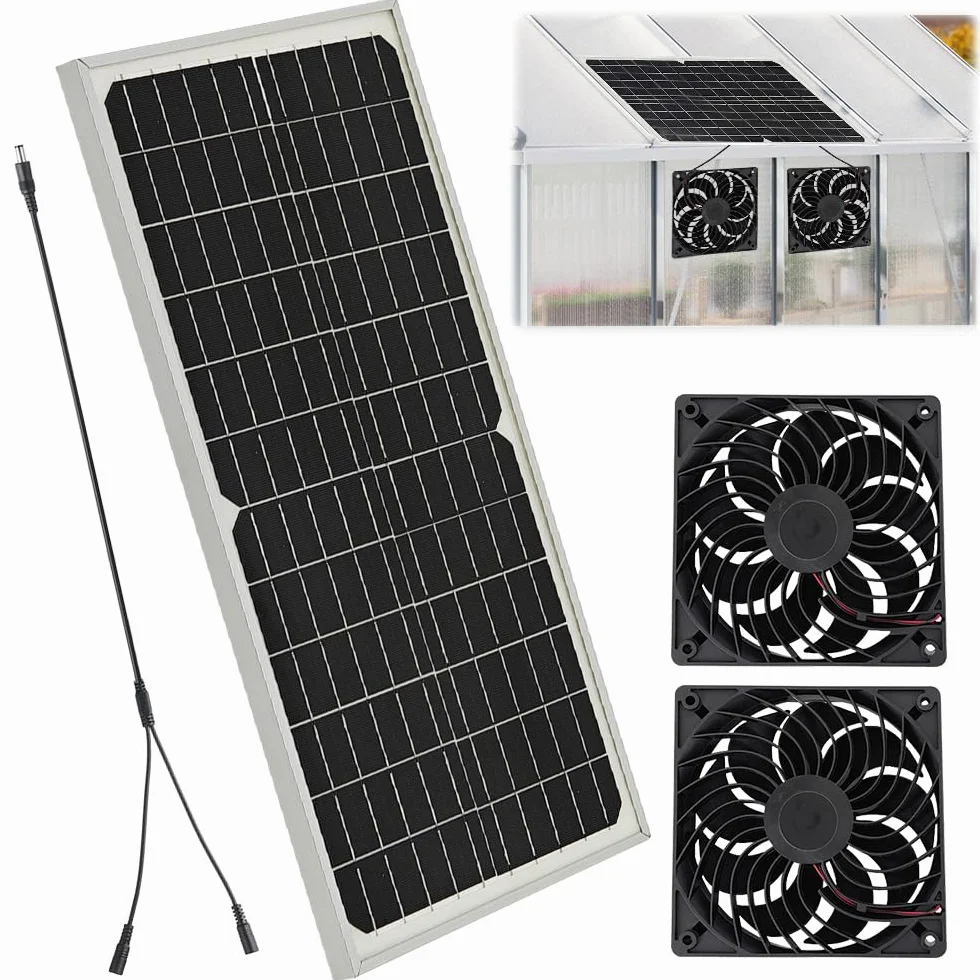 Ventilateur Solaire Exterieur 16W Kit Extracteur d'air Résistant aux Intempéries Fenêtre D'échappement 2 Ventilateurs étanches