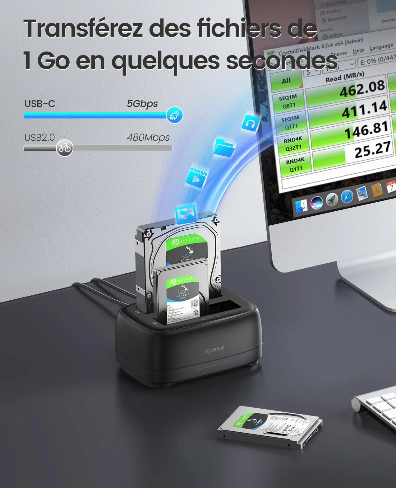 ORICO Station d'accueil USB C 2 Baies Clone Dock Disque Dur SATA 2,5/3,5" SSD HDD 40 To UASP