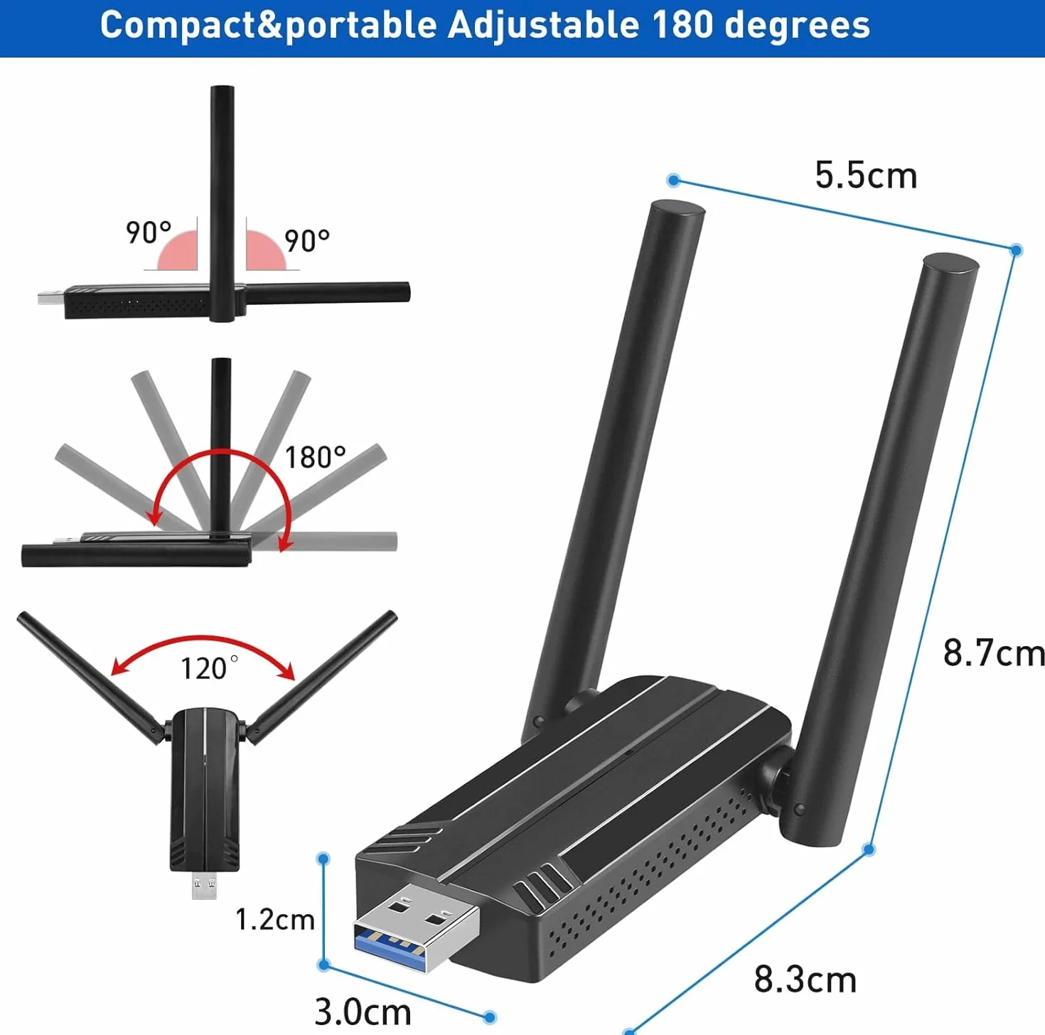 Clé WiFi AC1300 Mbps USB 3.0 Double Bande 2.4G/5.8GHz Adaptateur WiFi pour PC Windows Mac OS